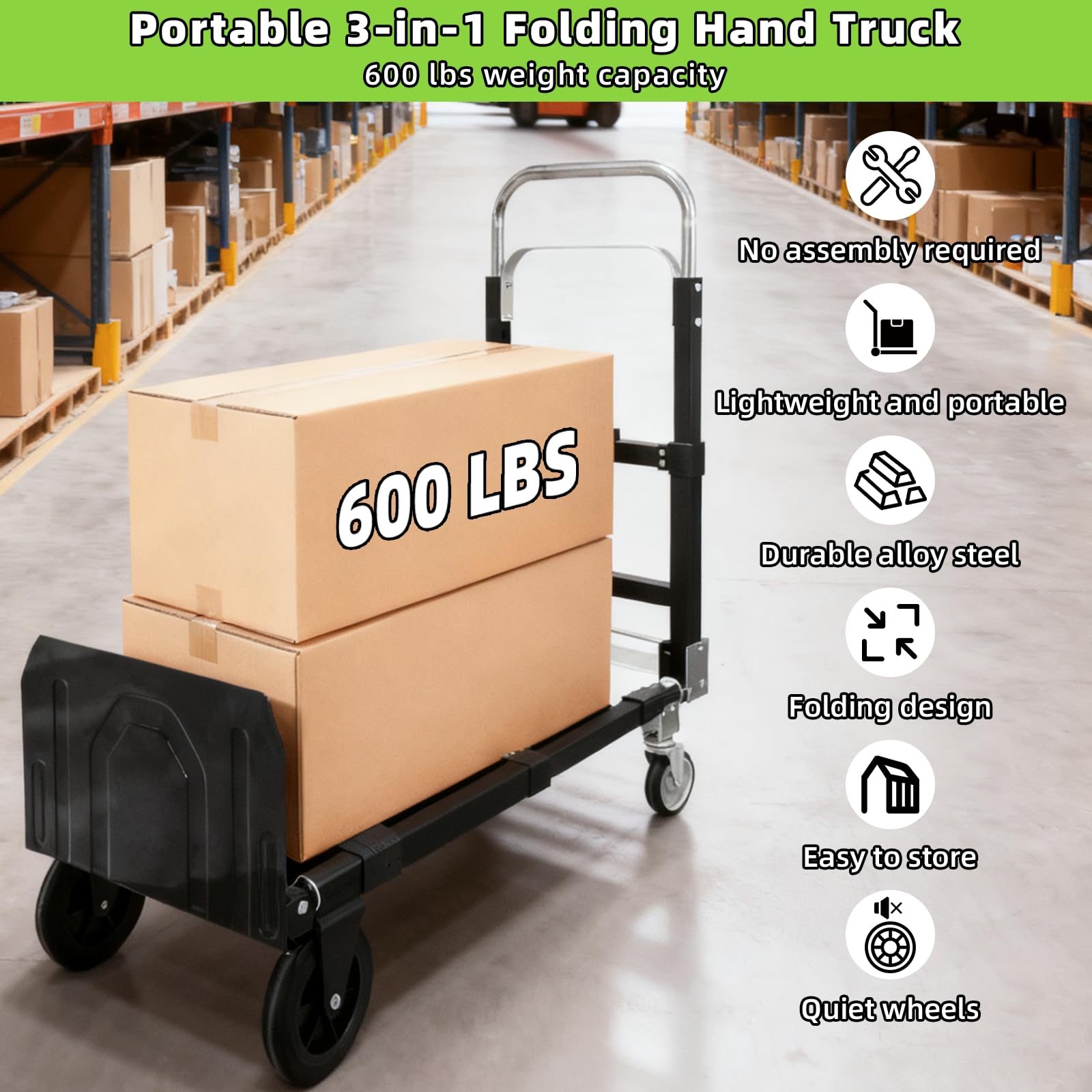 3-in-1 Folding Hand Truck - 600Lbs Capacity -2