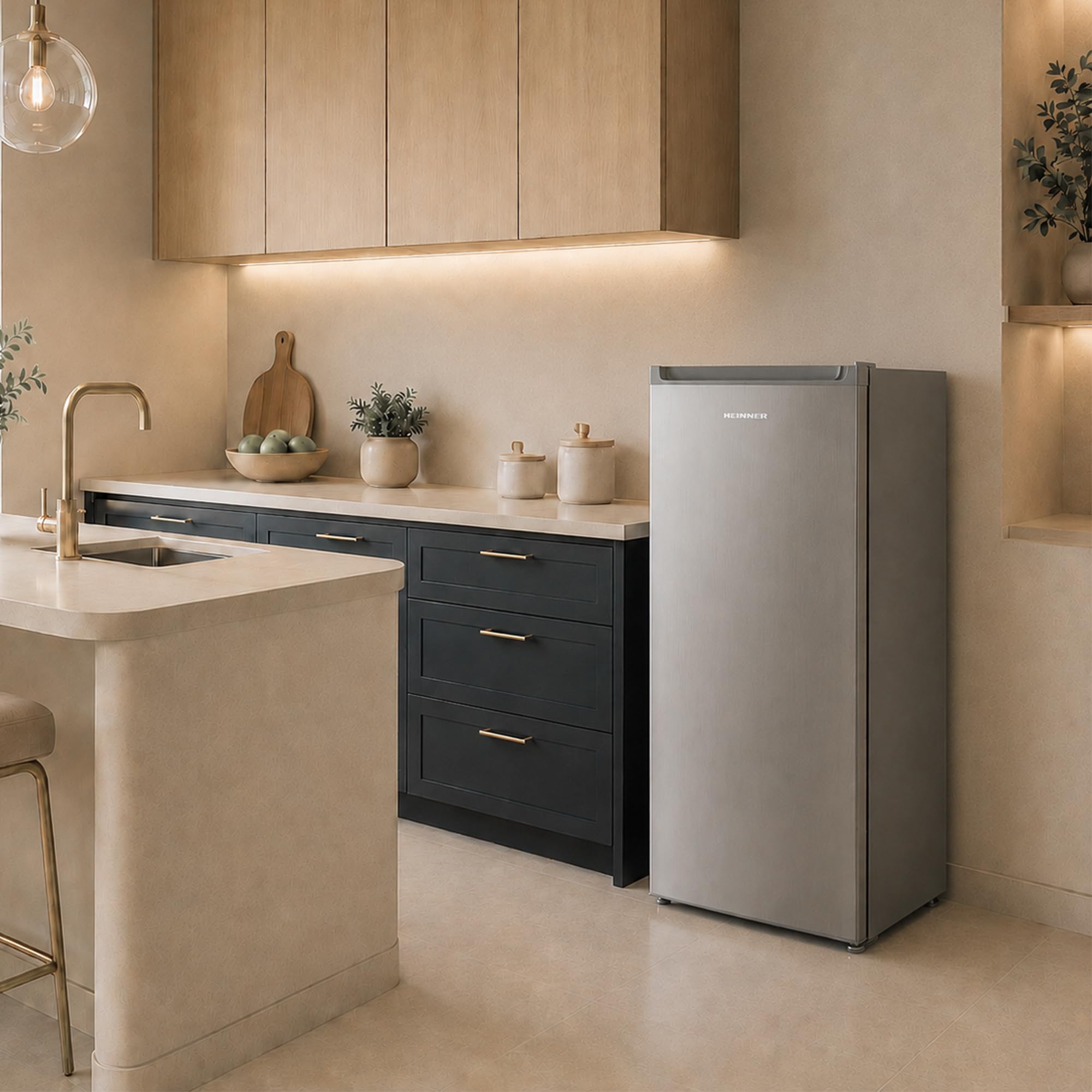 Gefrierschrank HFF-HM168XE++, 168 L, Energieklasse E, freistehend, elektronische Steuerung, LED-Anzeigen, Super Freezing, 5 Gefrierfächer, manuelle Abtauung, wechselbare Tür, Inox-Look