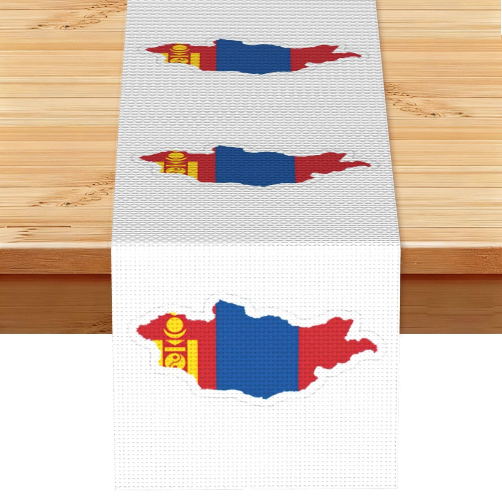 Mongolian Flag Map Printed Table Runner 13 x 72, Wrinkle Resistant Decor for Dining Table Coffee Table Fireplace