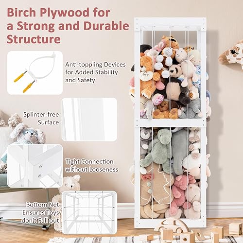 Miniatura 5 de Costzon Almacenamiento de animales de peluche extra grande, organizador de animales de madera con cordones elásticos, organizador de almacenamiento