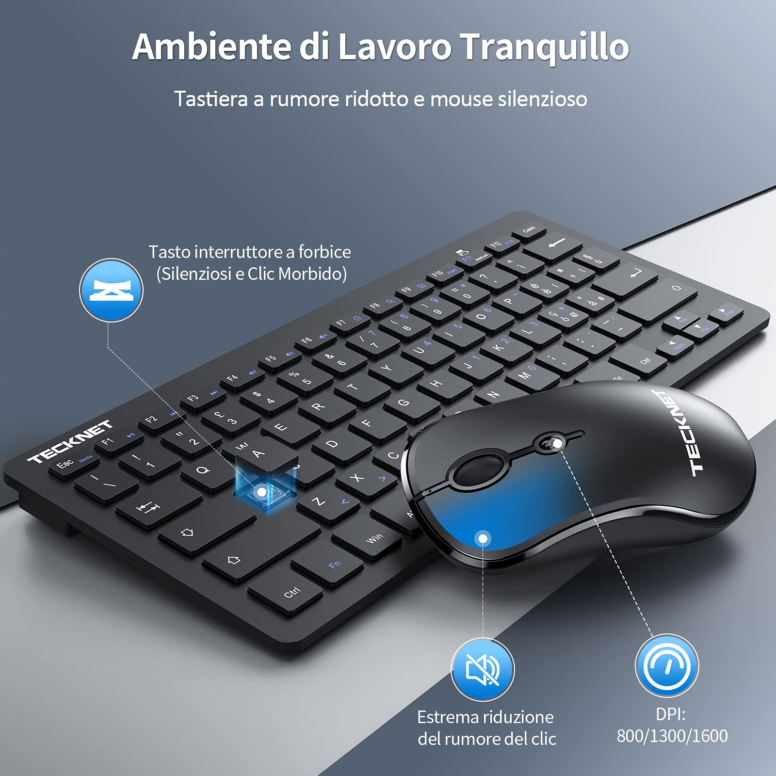 TECKNET Ensemble Clavier et Souris sans Fil, QWERTY Italienne