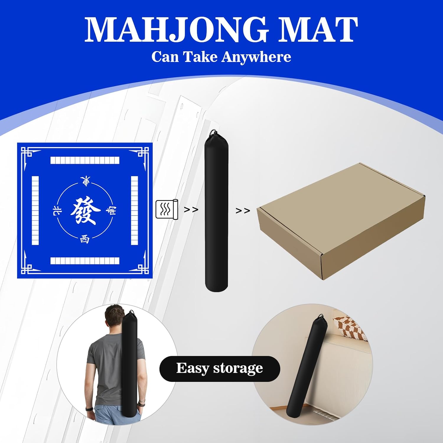 Mahjong Mat, Anti Slip and Noise Reduction 31.5 * 31.5 Inch Mahjong Mat for Table with Portable Storage Bag for Mahjong, Poker, Dominoes and Other Board Game Mat (Blue-1)