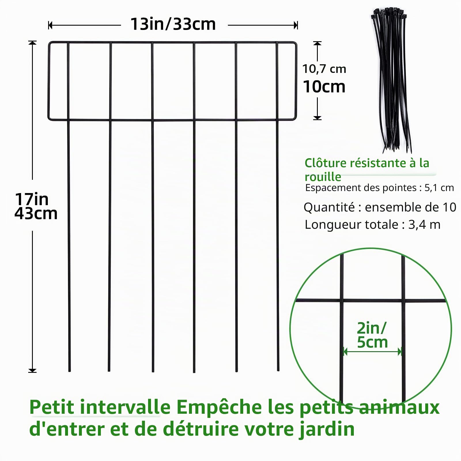 Lot de 10 clôtures pour chien pour la cour,43.2 cm (H) x3 m (L), clôture de jardin en fil métallique pour l'intérieur, clôture de défense pour chiens et animaux domestiques