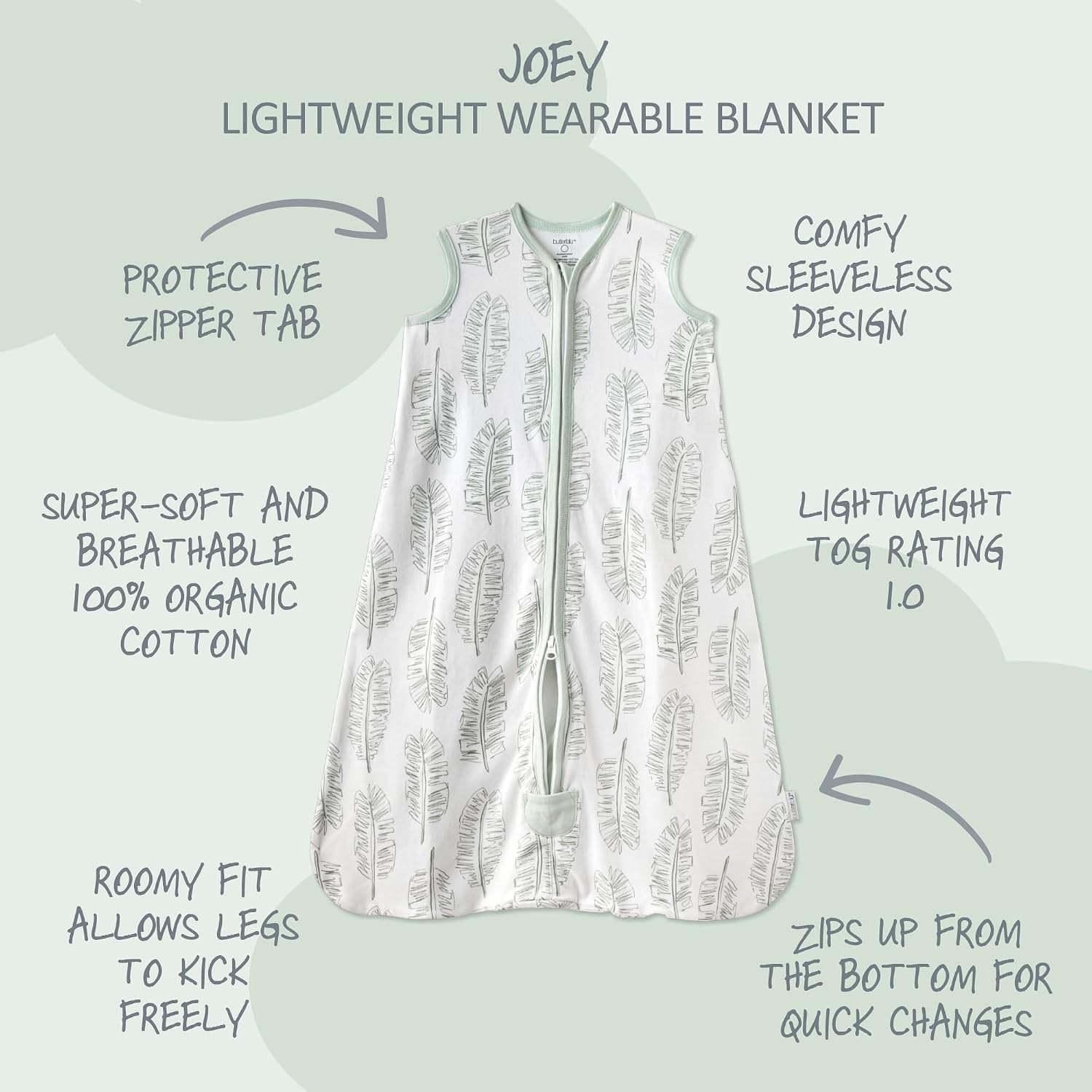 Butterblu Baby Joey - Wearable Blanket 100% Organic Cotton 2-way Zipper for Newborn Girls, Boys, Unisex​