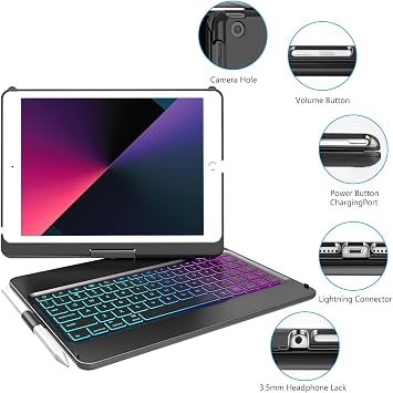 MMK iPad Keyboard Case - 10.2 inch, 360 Rotatable Wireless Detachable Bluetooth Keyboard Cover for iPad 9th Gen 2021, 8th Gen 2020, 7th Gen 2019 - 7 Color Backlit