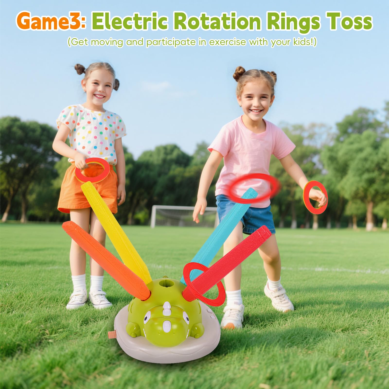Jouet Extérieur 3-en-1 Dinosaur – Lance-fusée Mousse, Jeu De Lancer D'Anneaux, Corde à Sauter Avec Musique Et 4 Vitesses – Cadeau Sportif Enfant 3-7 Ans