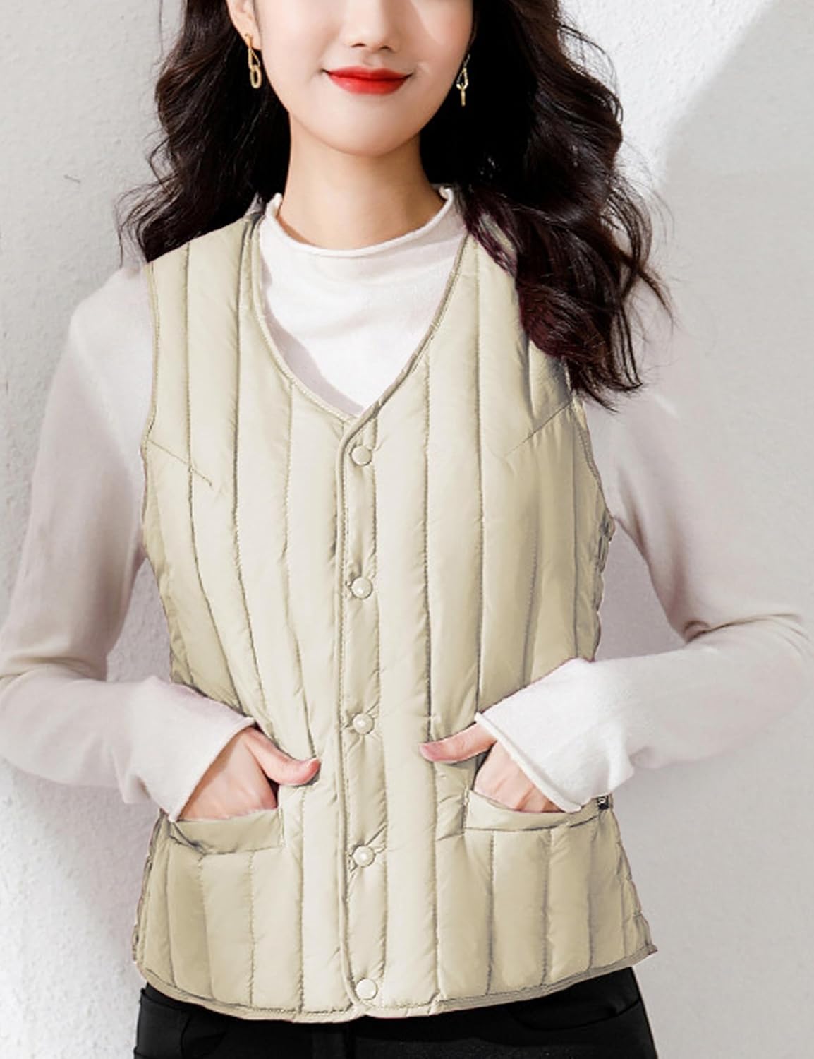 Cropped Sherpa Quilted Vest for Womens Lightweight Slim Fit Puffer Warm Outerwear Waistcoat Vest with Pockets(0376-Beige-L) - Image 3