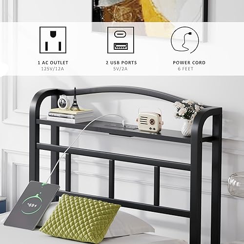 Miniatura 4 de Base de cama de metal de 14 pulgadas, base de colchón básica de plataforma resistente de color negro con cabecera y estación de carga, no necesita
