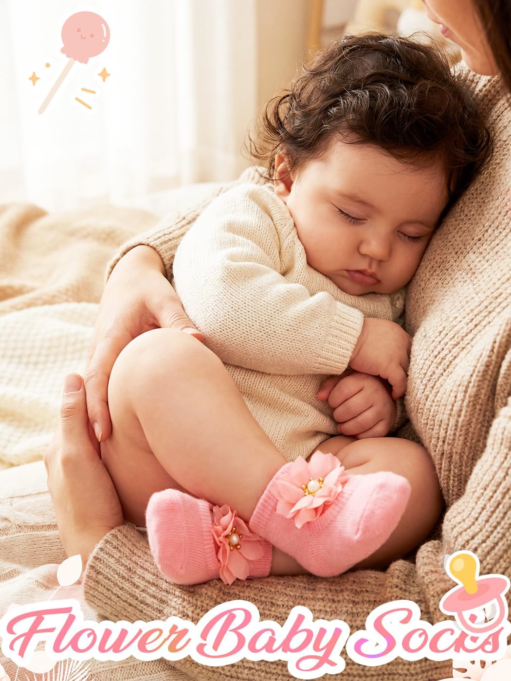Urieo Baby Girls Socks Flower Non-Slip Grips Ankle Socks for Newborn Infants - Image 3