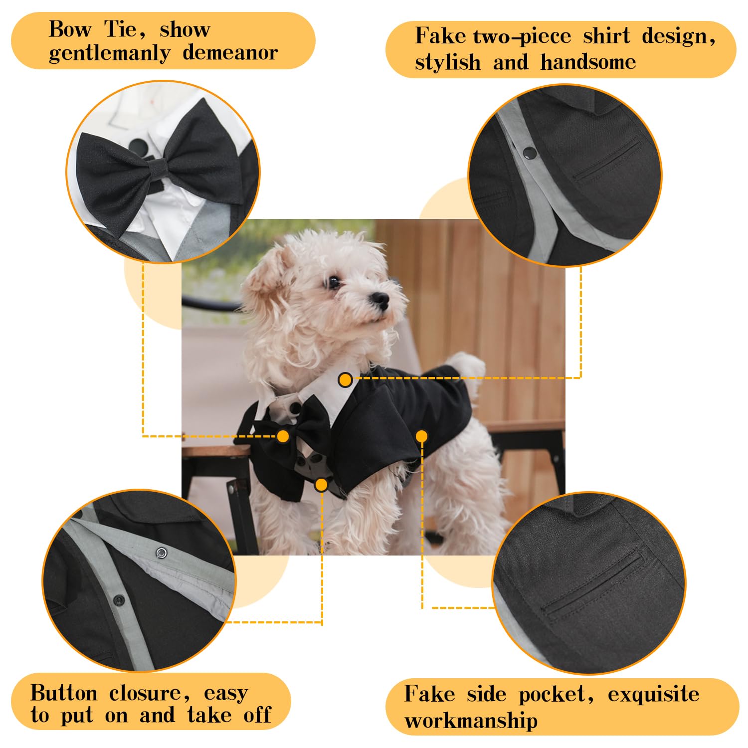 Dog Tuxedo Suit, Formal Dog Shirt with Bow Tie, Wedding Outfit Tux Attire for Puppy Small Medium Dogs Cats Costume (BW Suit, Large) - Image 3