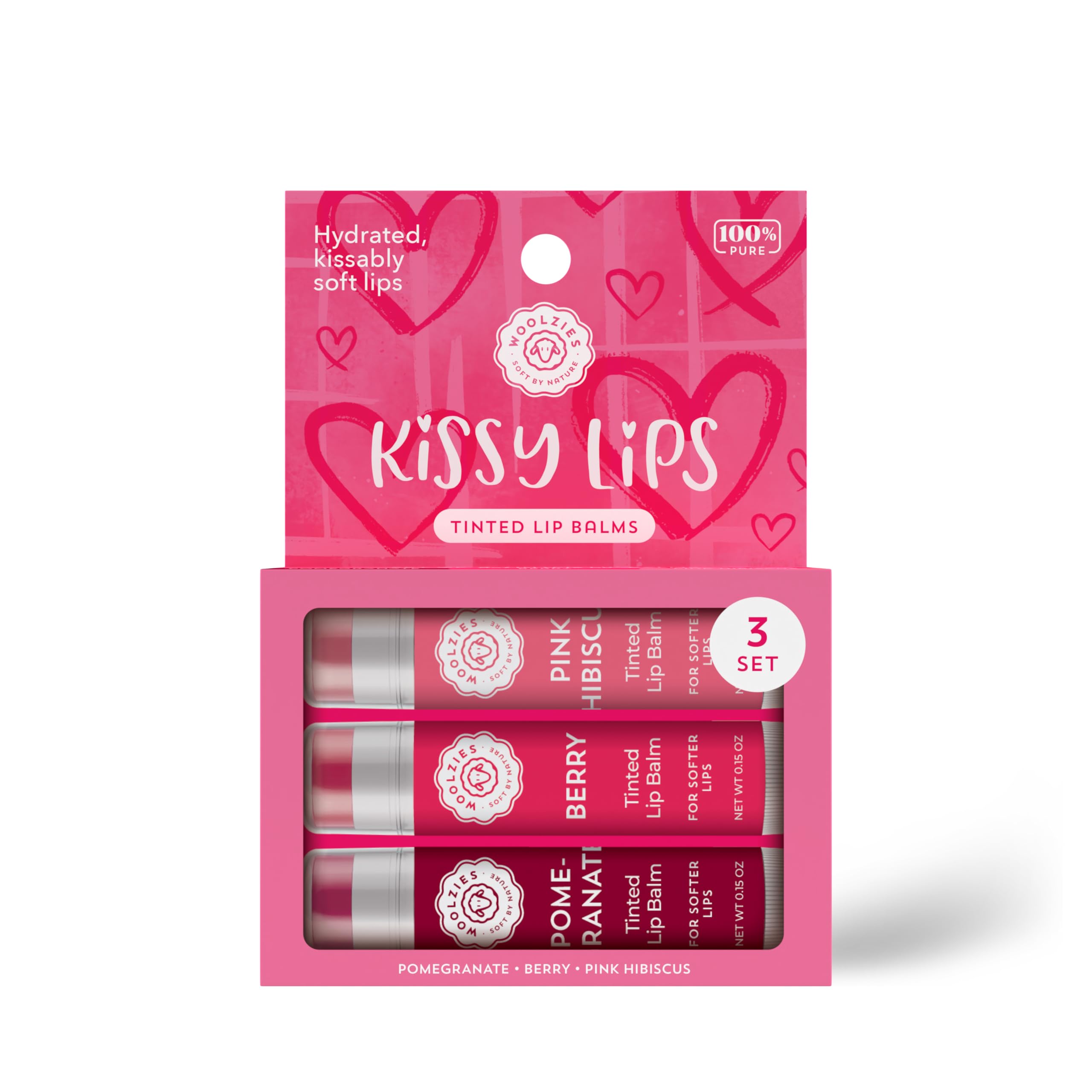 Tinted Lip Balm Set: All-Natural Shea Butter, Beeswax, Coconut Oil, Vitamin E Infused Lip Moisturizer Care Treatment (3 Pack, Kissy Lips)