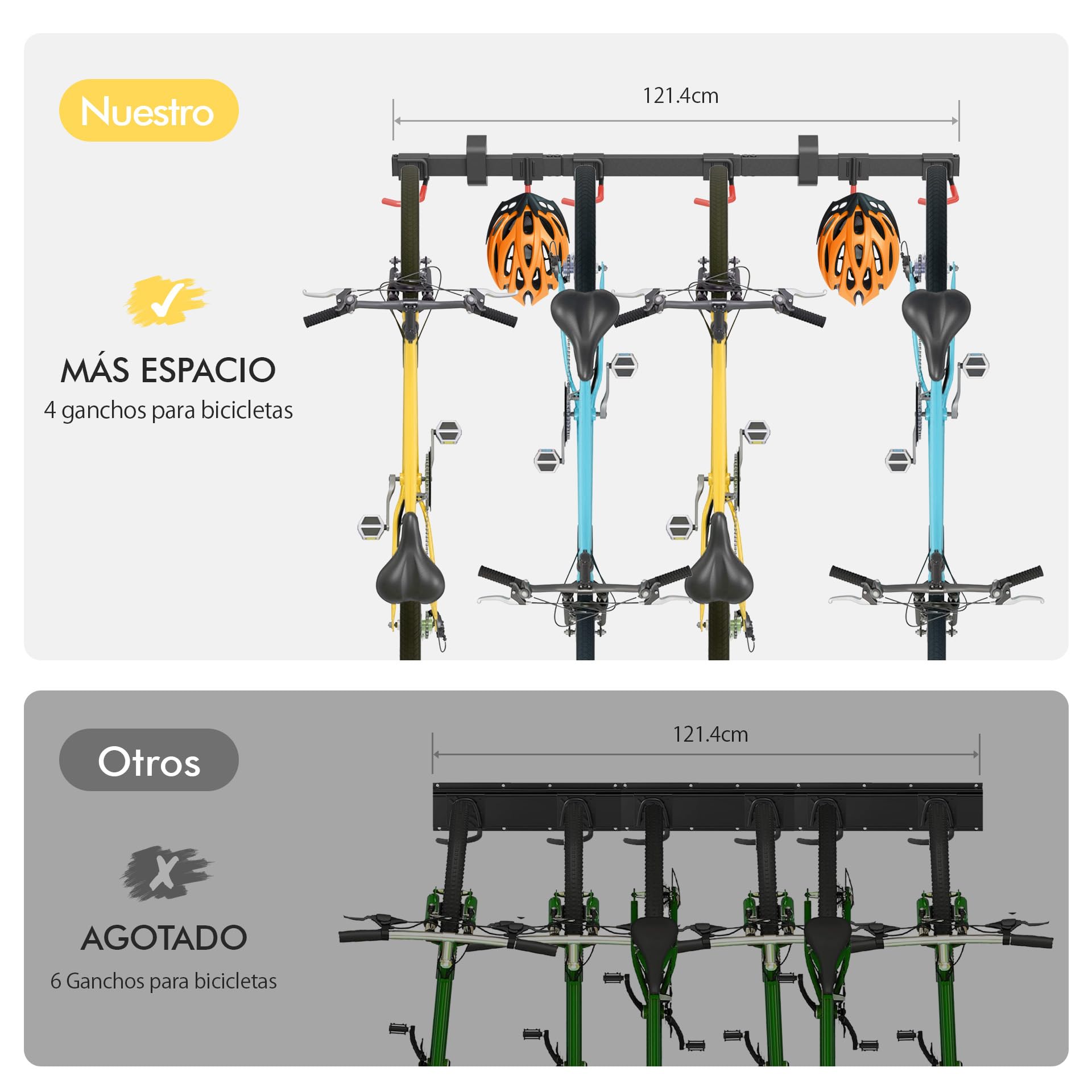 Mimoke Soporte de pared vertical para bicicleta | Adecuado para todas las bicicletas | Ganchos ajustables | Solución de organización para casa y garaje (para 4 bicicletas 2 ganchos para cascos)