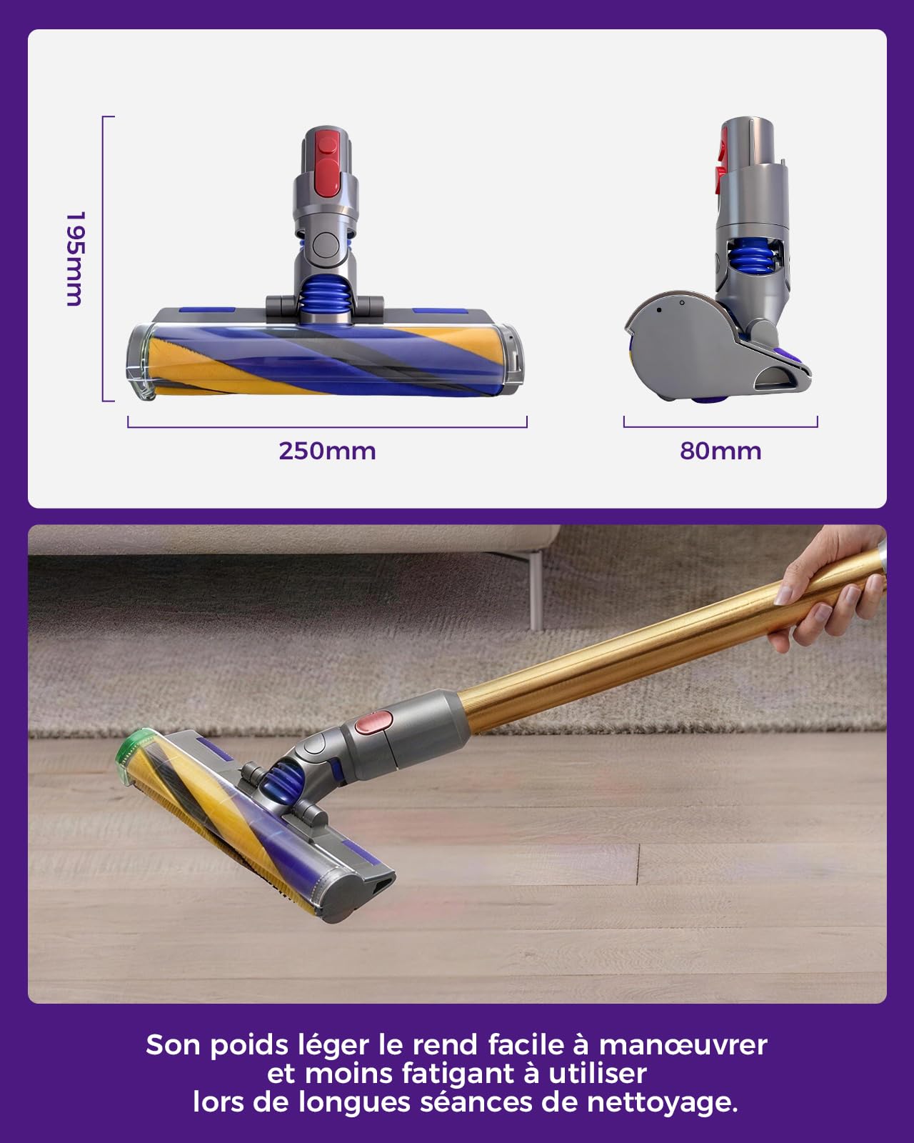 V15 Brosse remplacement,pour Dyson V7 V8 V10 V11 V15, Brosse LED éclairée à lumière verte, Embout de sol anti-ennœudage pour sols durs, Brosse & accessoire de Accessoires pour Dyson