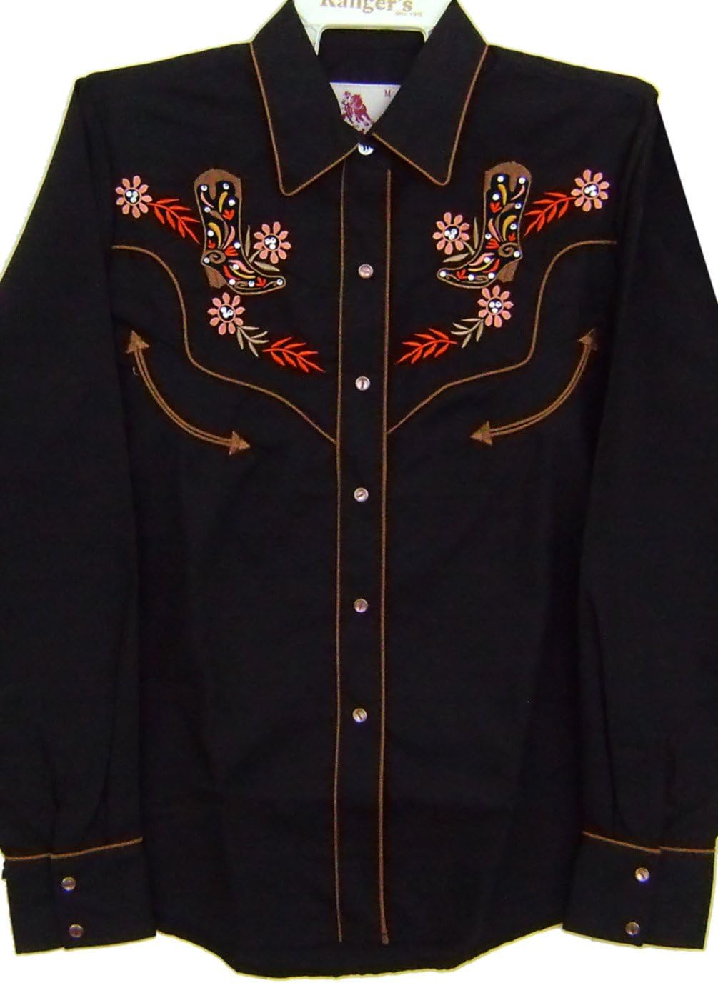 Women's Embroidered Fitted Western Shirt Filigree Cowboy Boot Black