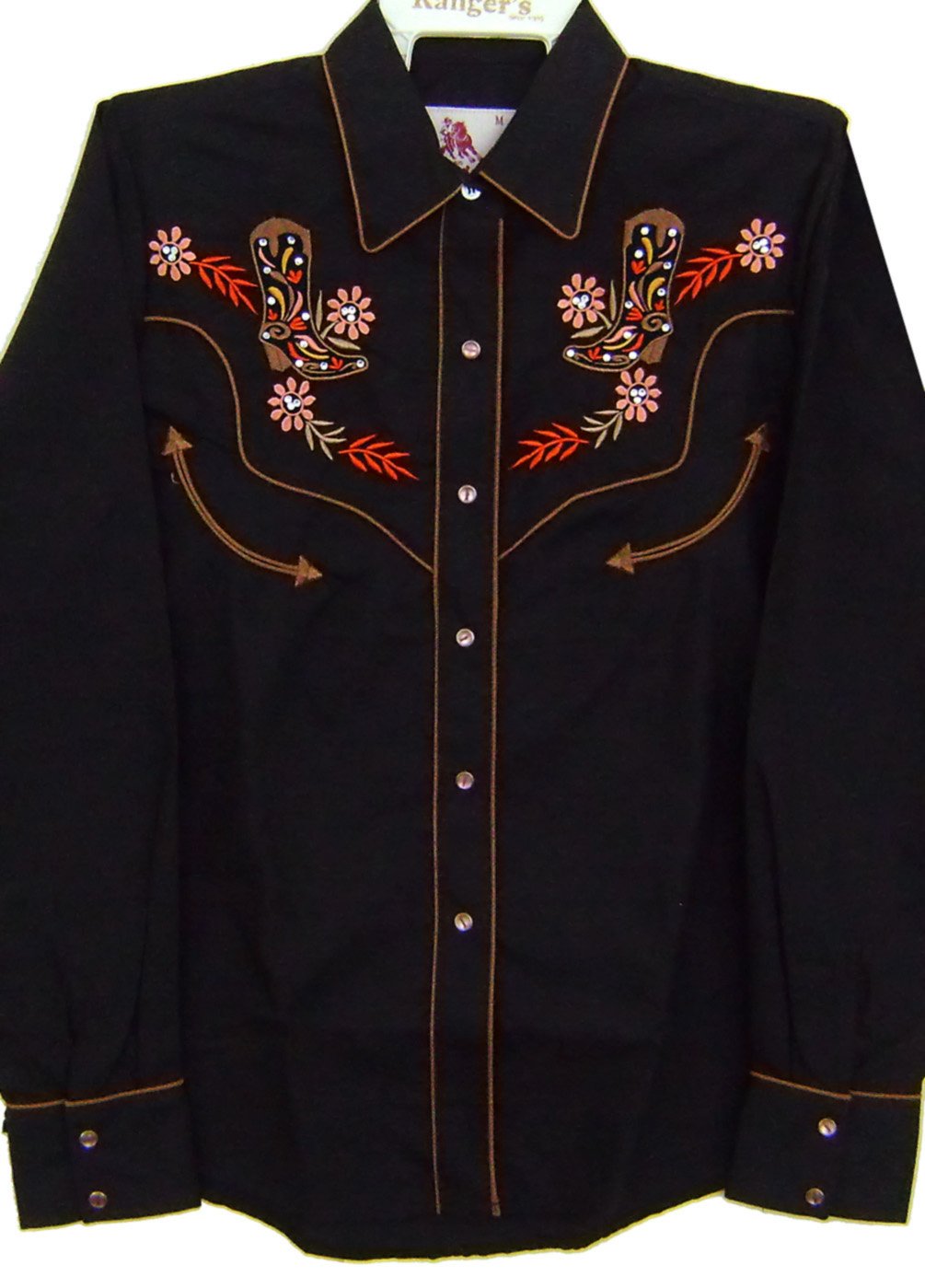 Women's Embroidered Fitted Western Shirt Filigree Cowboy Boot Black