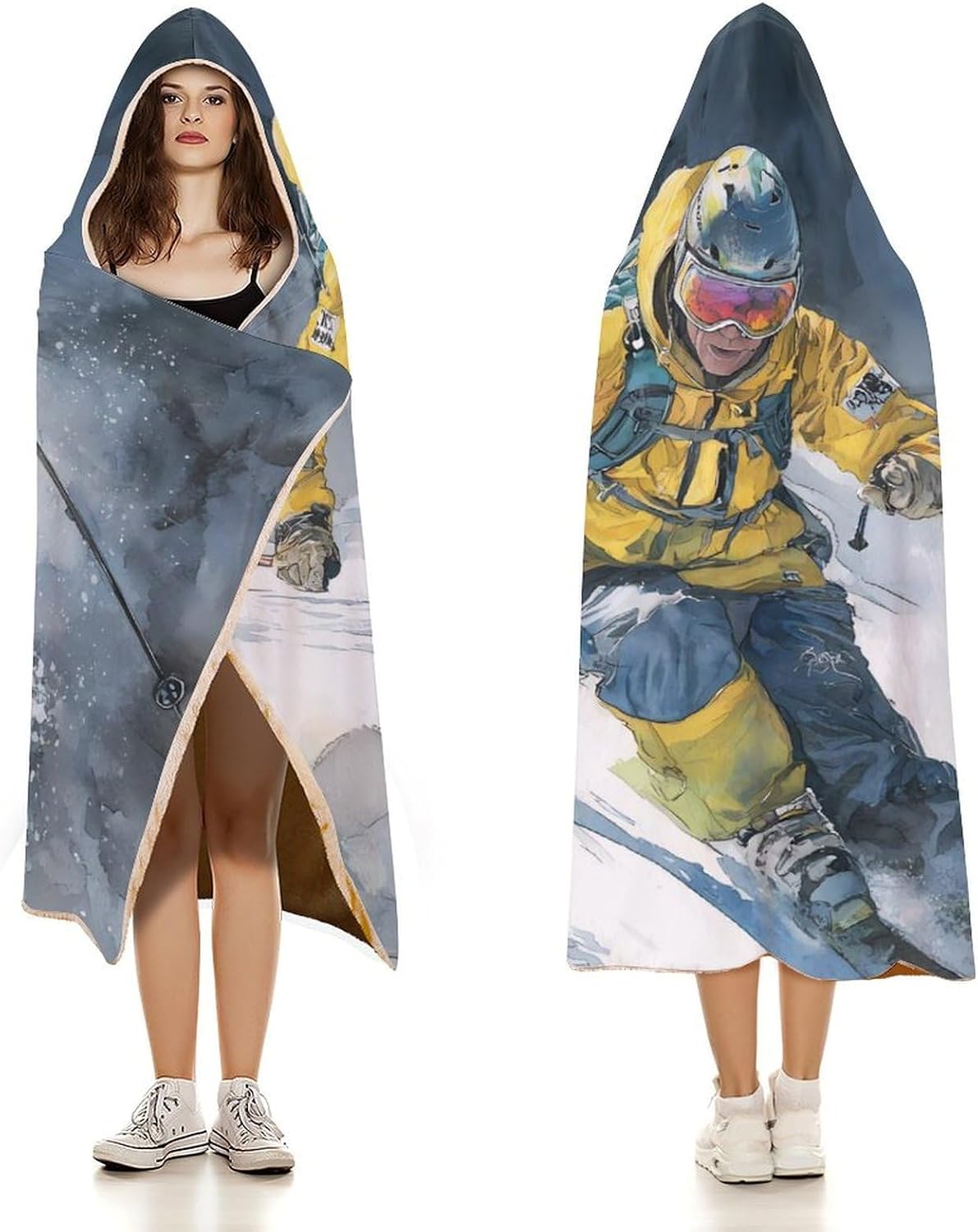 Ski Skier in Yellow Wearable Blanket Hoodie | Flannel Fuzzy Machine Washable Home Camping Lounging