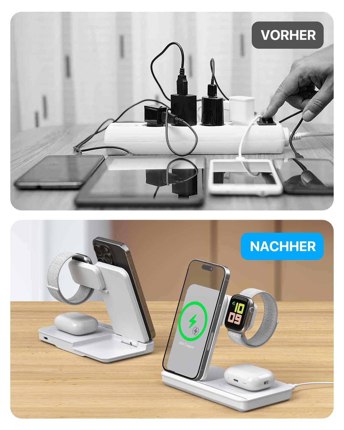 Induktive Ladestation für Apple Watch und iPhone, Kabelloses Ladegerät 3 in 1 Wireless Charger Kompatibel mit iPhone 16 15 14 13 12 MagSafe Gerät, Apple Watch Serie, AirP0ds Pro 3 2 (Weiß)