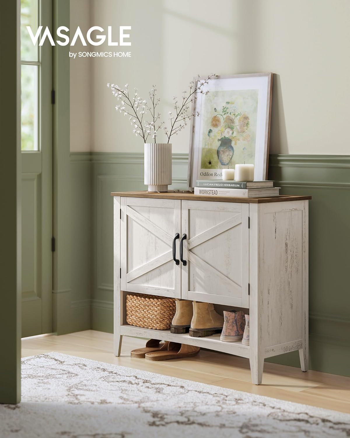 VASAGLE Shoe Cabinet in an entryway setting, with a vase of flowers and books on its top surface, and shoes stored inside and on the bottom shelf.