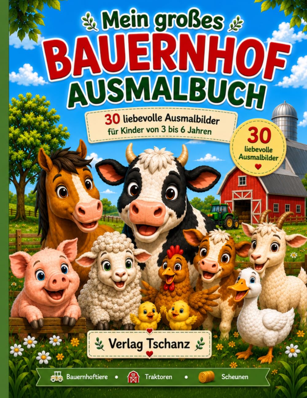 Mein großes Bauernhof Ausmalbuch: 30 liebevolle Ausmalbilder mit Bauernhoftieren für Kinder von 3–6 Jahren