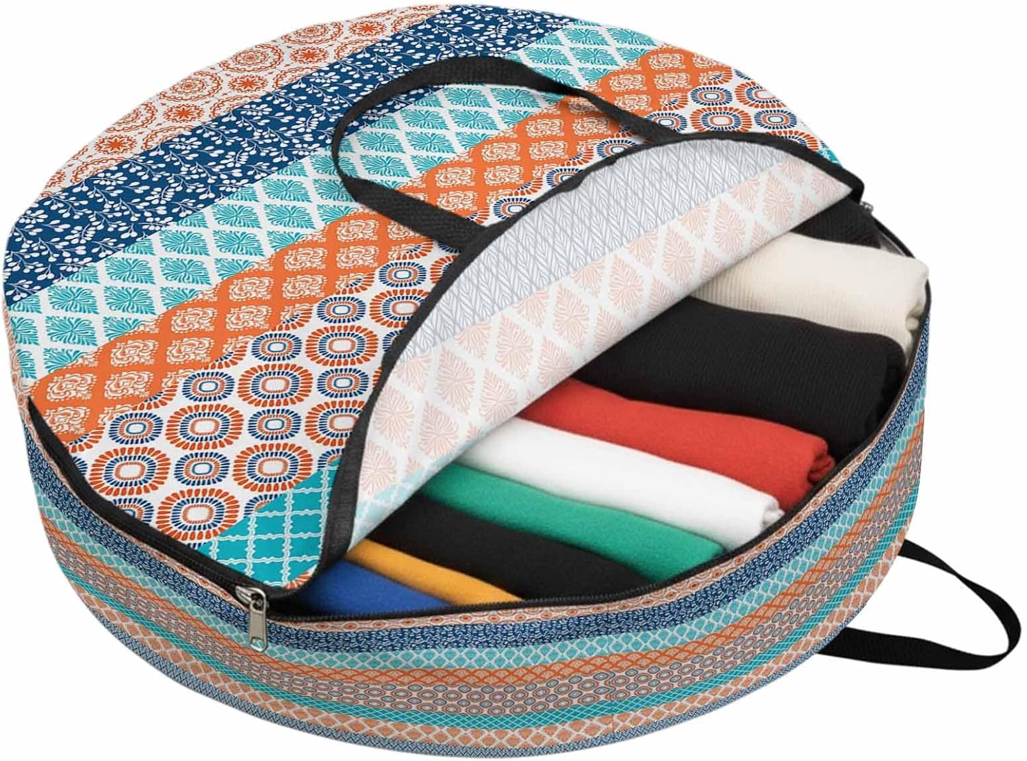 Geometric Bohemia Round Storage Bag 36 Inch, Stripes Orange Turquoise and Blue Clothes Storage Container with Handles Heavy Duty Organizer for Comforter, Bedding & Holiday Wreaths