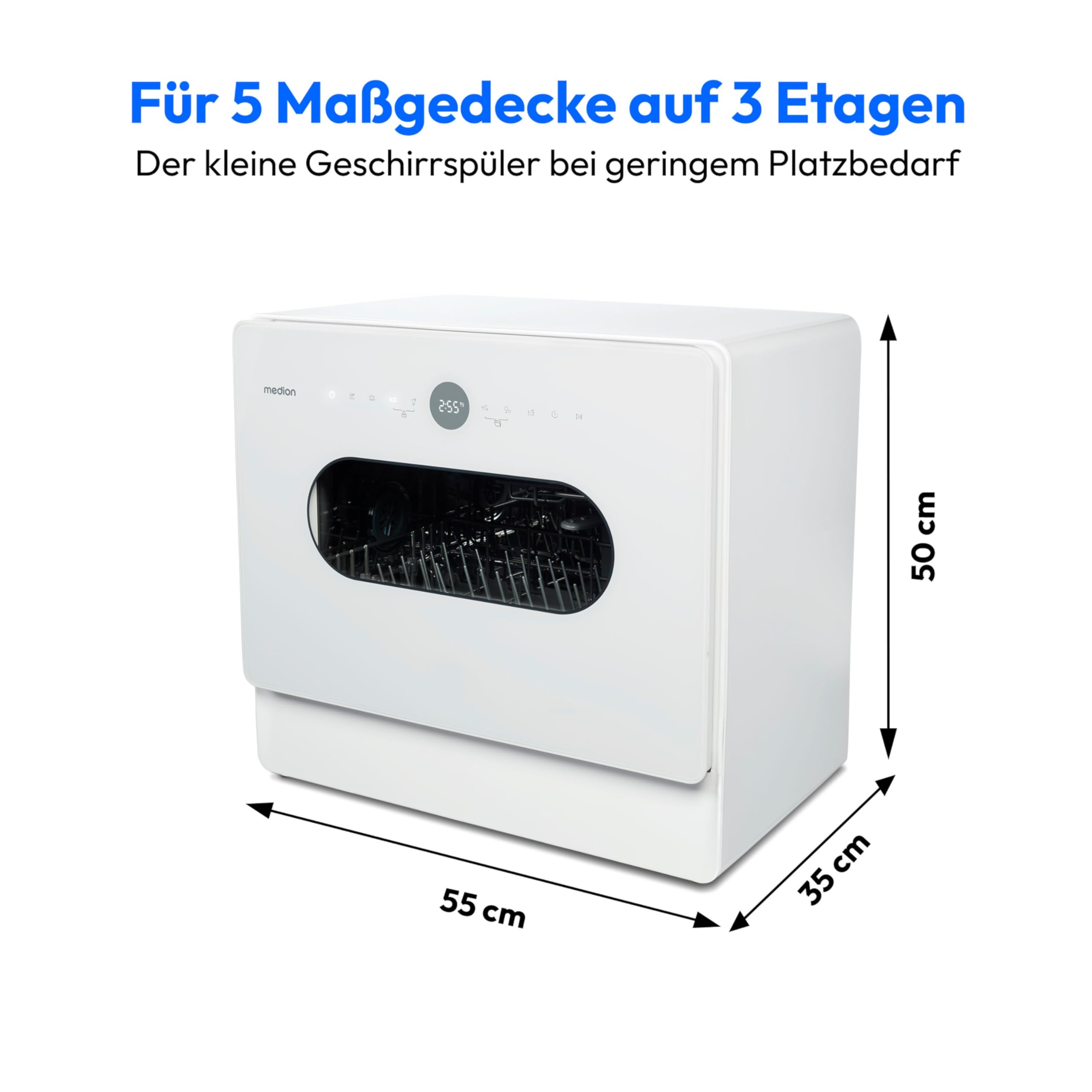 MEDION Mini Geschirrspüler DWT51 Tischgeschirrspüler mit Touch-Bedienfeld 5 Maßgedecke 7 Reinigungsprogramme weiß
