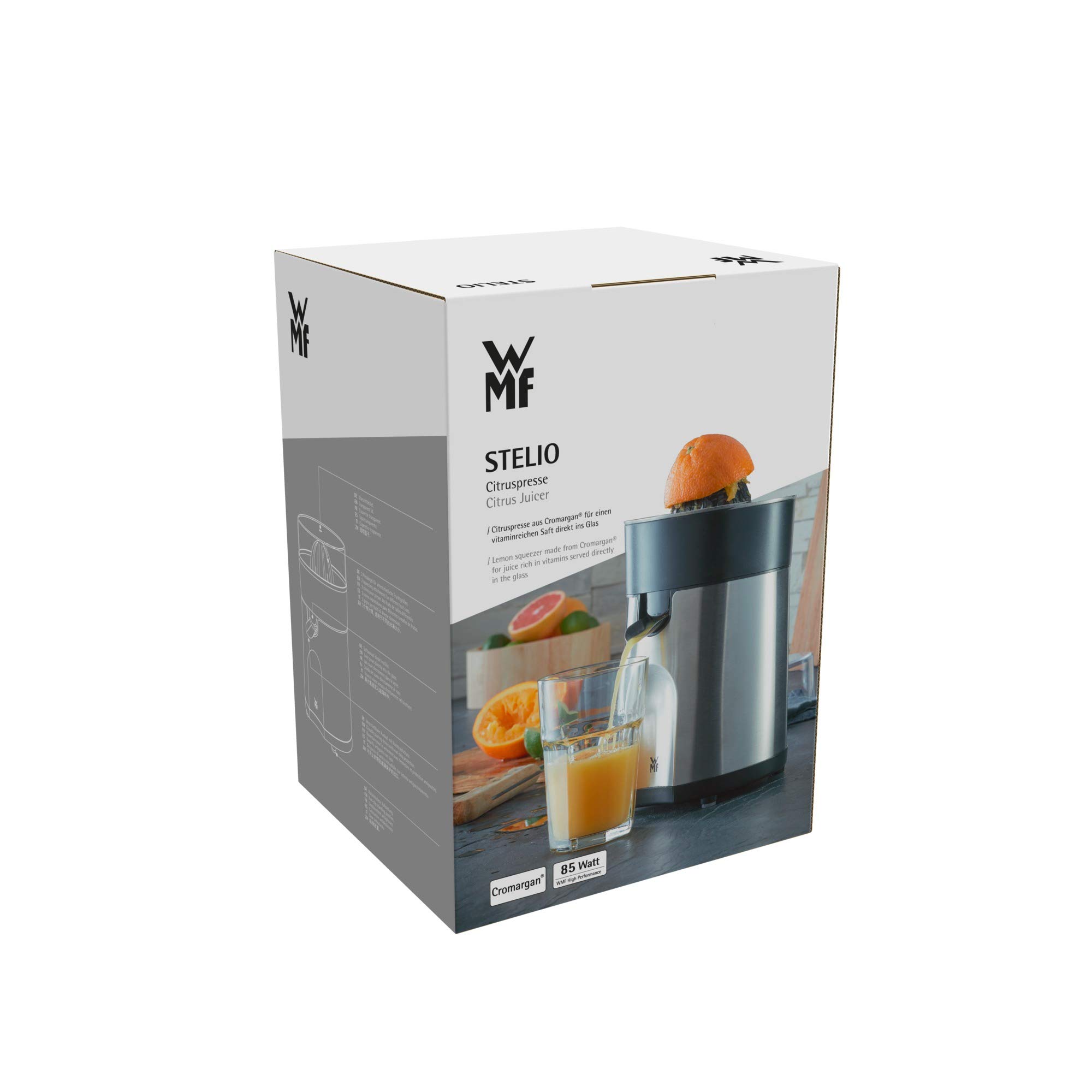 WMF Stelio Presse-agrumes électrique, 85 W, Service direct dans le verre, Jus orange, Citron, Pamplemousse, Orange pressée, Compatible lave-vaisselle, Finition inox 0416030012
