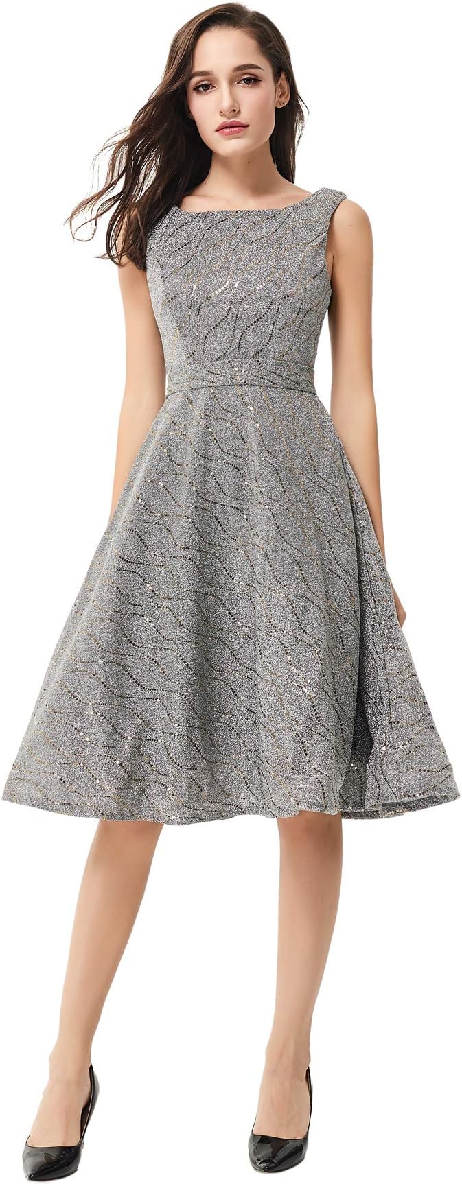 Women Sequins Elegant Sleeveless Cocktail Party Dress (XX-Large, Silver)