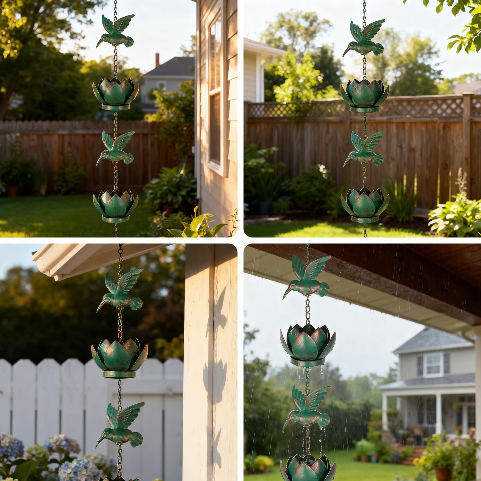 BigKing Chaîne pour eau de pluie Colibri Lotus pour gouttières, 2,4 m Chaîne de pluie suspendue avec crochet, chaîne de pluie pour gouttières extérieures, Eaves Drainage (vert émeraude)