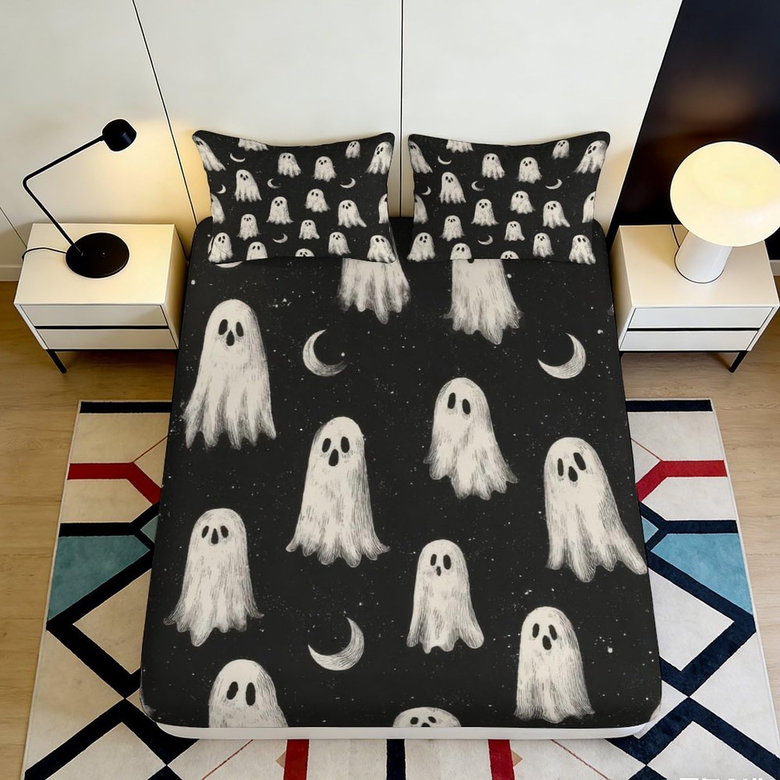 Kzqnxhjprl Style-3 3D Printed Ghosts Black Fitted Sheet Microfiber Soft Breathable Moons Mattress Cover For Bedroom Dorm Room Decor 90X200x25cm