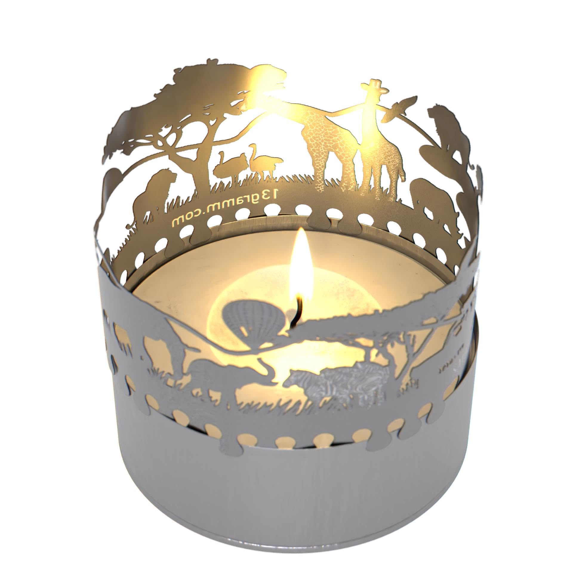 13gramm Safari candle votive gift, 3D stainless steel attachment for a tea light inclusive greeting card
