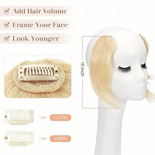 Miniatura 4 de Hairro Extensiones de flequillo lateral ondulado con clip, 100% cabello humano, 2 piezas con clip en la parte media, flequillo francés, lados