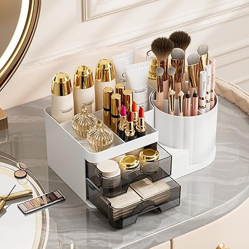 Miniatura 5 de Organizador de maquillaje para tocador con 2 cajones, soporte giratorio para brochas de maquillaje, soporte organizador de baño, vitrina de