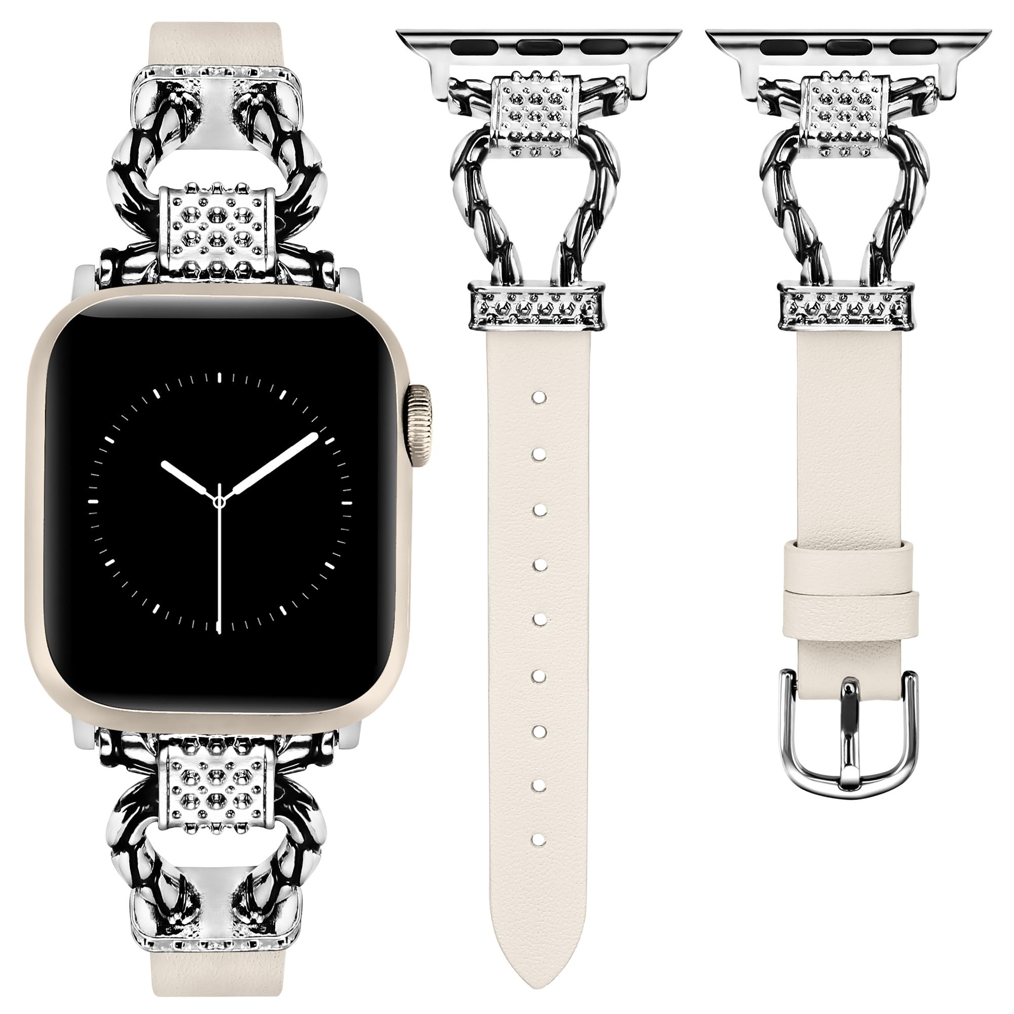 W-RARA Meridian Leather Band Compatible with Apple Watch Bands Women 38/40/41/42/44/45/46/49mm Dressy Elegant Slim Leather Strap with Designer Buckle