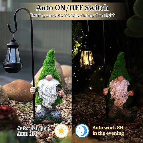 Miniatura 5 de Estatua de gnomo de jardín flocada con luz LED solar, figuras grandes y divertidas de gnomos de hadas con linterna solar, decoraciones de otoño al