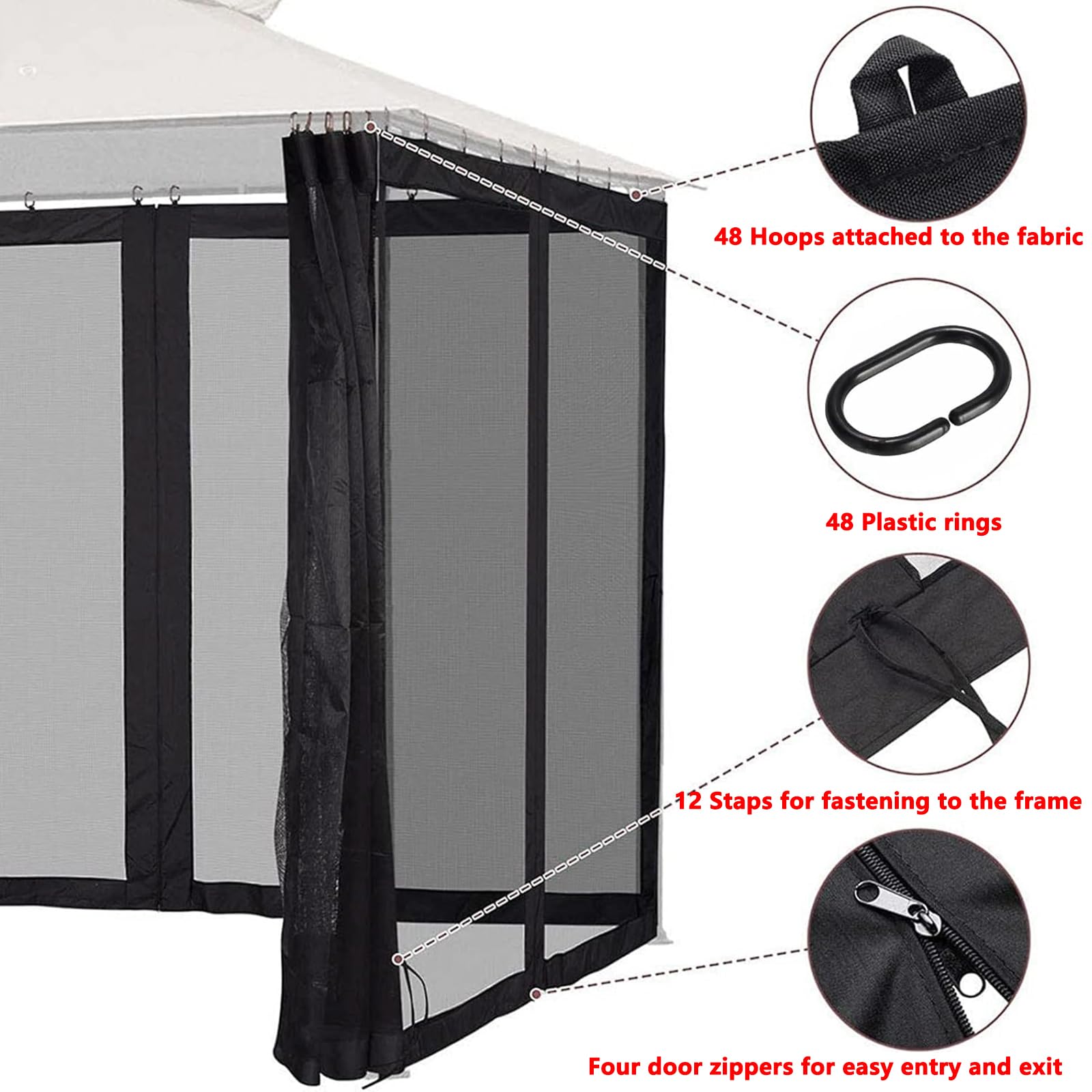 Uniwersalna moskitiera do pawilonu, 4 panele, baldachim i pergola, ściany boczne, 3 x 3 m, siatka z 2-kierunkowym zamkiem błyskawicznym, do namiotu podwórkowego, patio (czarna)