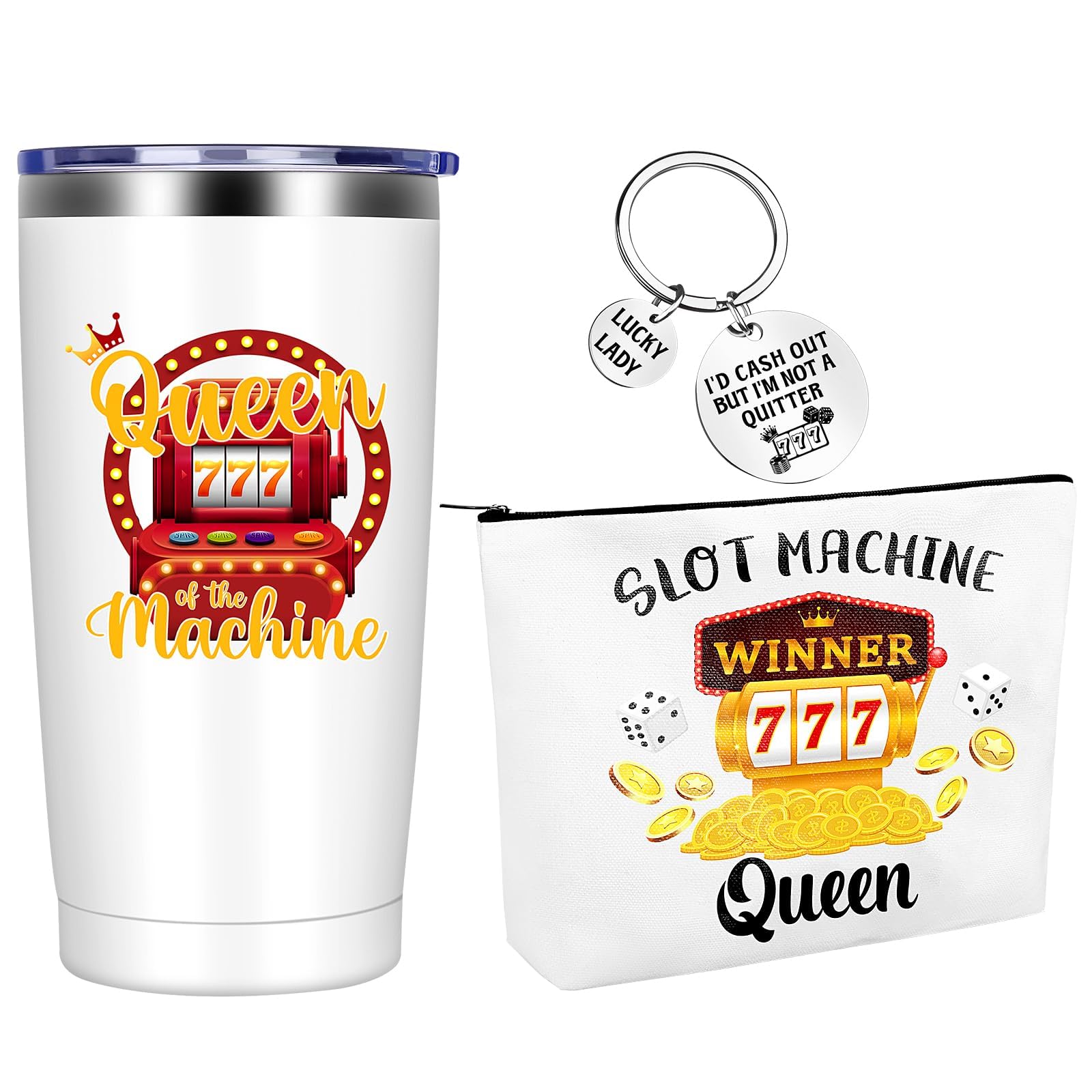 3Pcs Casino Gifts for Women Gambling Gift Queen Of The Machine 20 Oz Tumbler Cup Travel Mug Keychain Makeup Bag Slot Machine Present for Casino Lovers Birthday Mother's Day Christmas