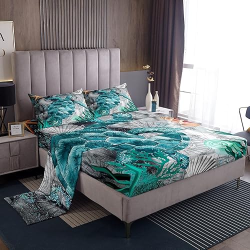 Juego de sábanas de tortuga marina para niños y adolescentes, ultra suaves con bolsillo profundo, juego de ropa de cama con temática náutica, verde