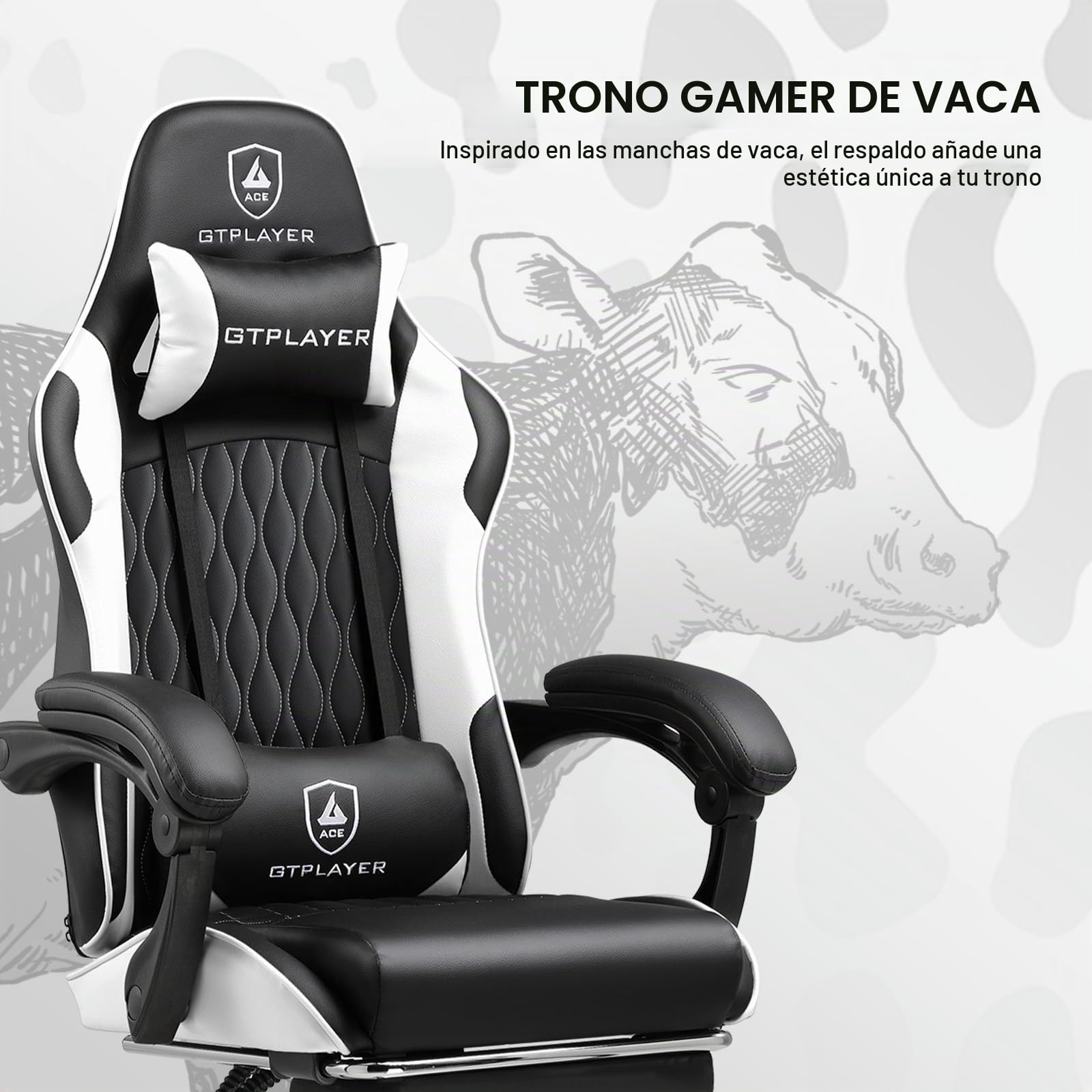 GTPLAYER Silla de gamer, silla ergonómica de oficina con reposapiés ajustable lumbares y almohada, silla de gaming acolchada, 150 kg de capacidad de carga, color blanco