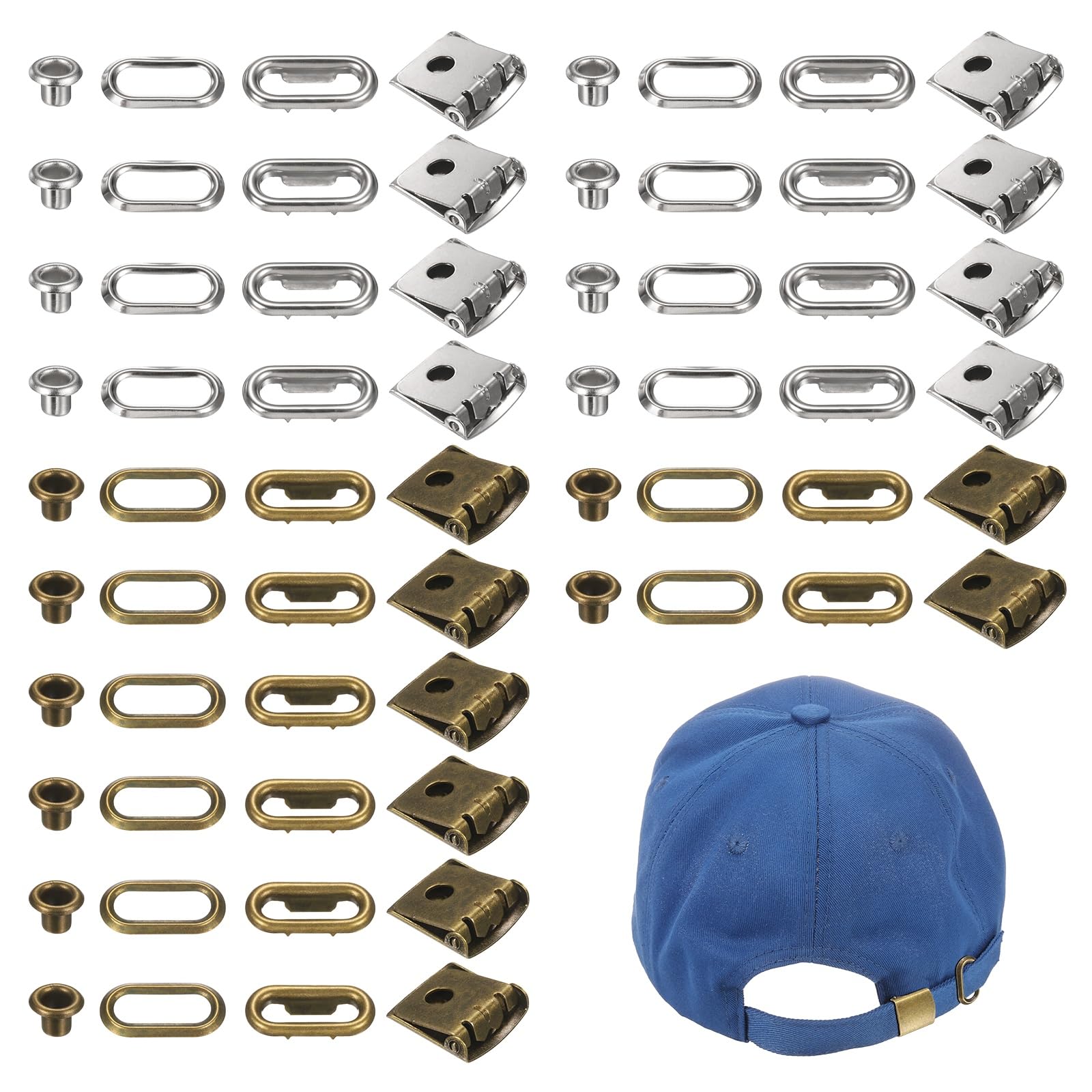 TIXIPEM Stainless Steel Cap Buckle [16Set] - Hat Buckle Replacement Use for Hats Strap Repair- [Bronze, Polished Silver-5MM Hole Size] Adjustable Baseball Cap