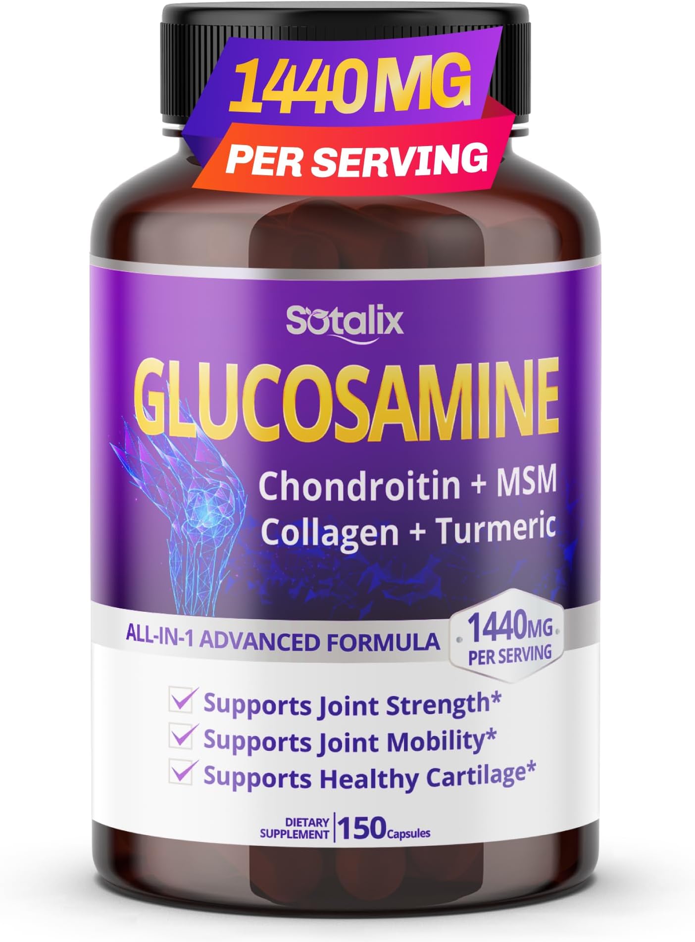 Sotalix Glucosamine 1,440 mg with Chondroitin, MSM & Collagen, 150 Capsules | 900 mg Glucosamine for Joint Strength & Mobility with Chondroitin, MSM, Collagen, Hyaluronic Acid & Vitamin D3. Lab-Tested.