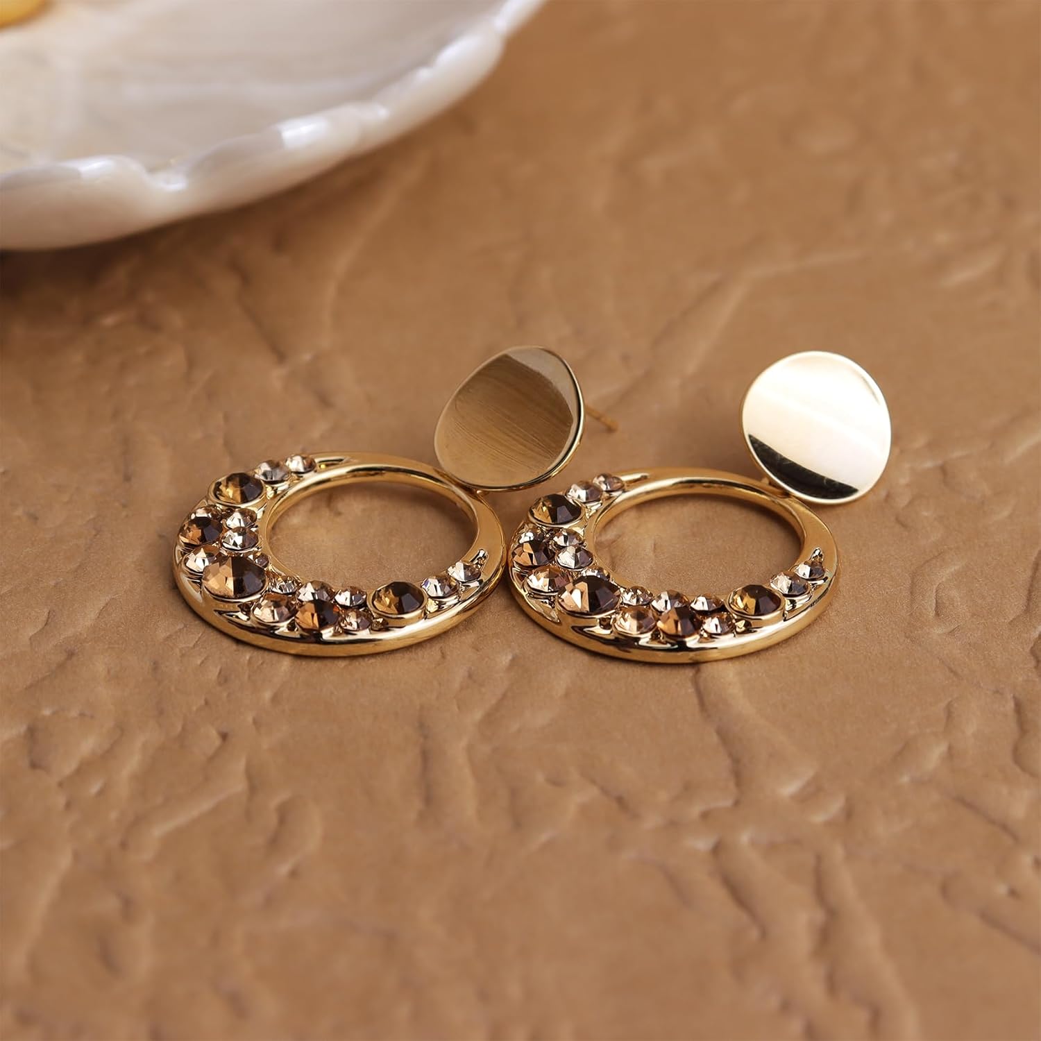 JeanBeau Chunky Gold Double Circle Hoop Drop Dangle Earrings for Women, Trendy Statement Large Round Geometric Brown Rhinestone CZ Dangling Earing Fashion Jewelry Gift - Image 6