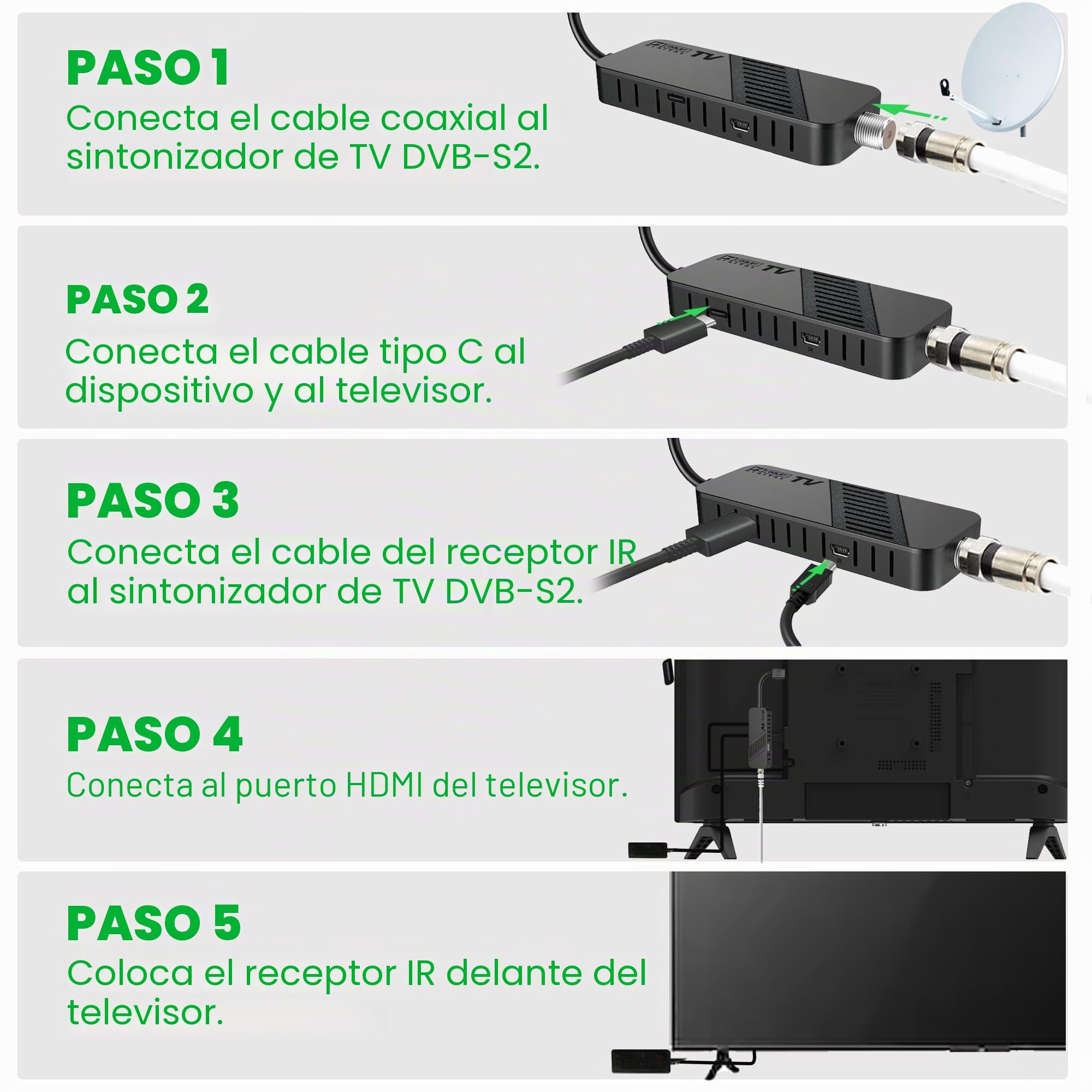 LEYF Receptor satélite DVB-S2 Full HD 1080P HDMI, Oculto detrás de TV, Pantalla Digital H265 HEVC 10 bits, Mando a Distancia Universal 2 en 1, USB