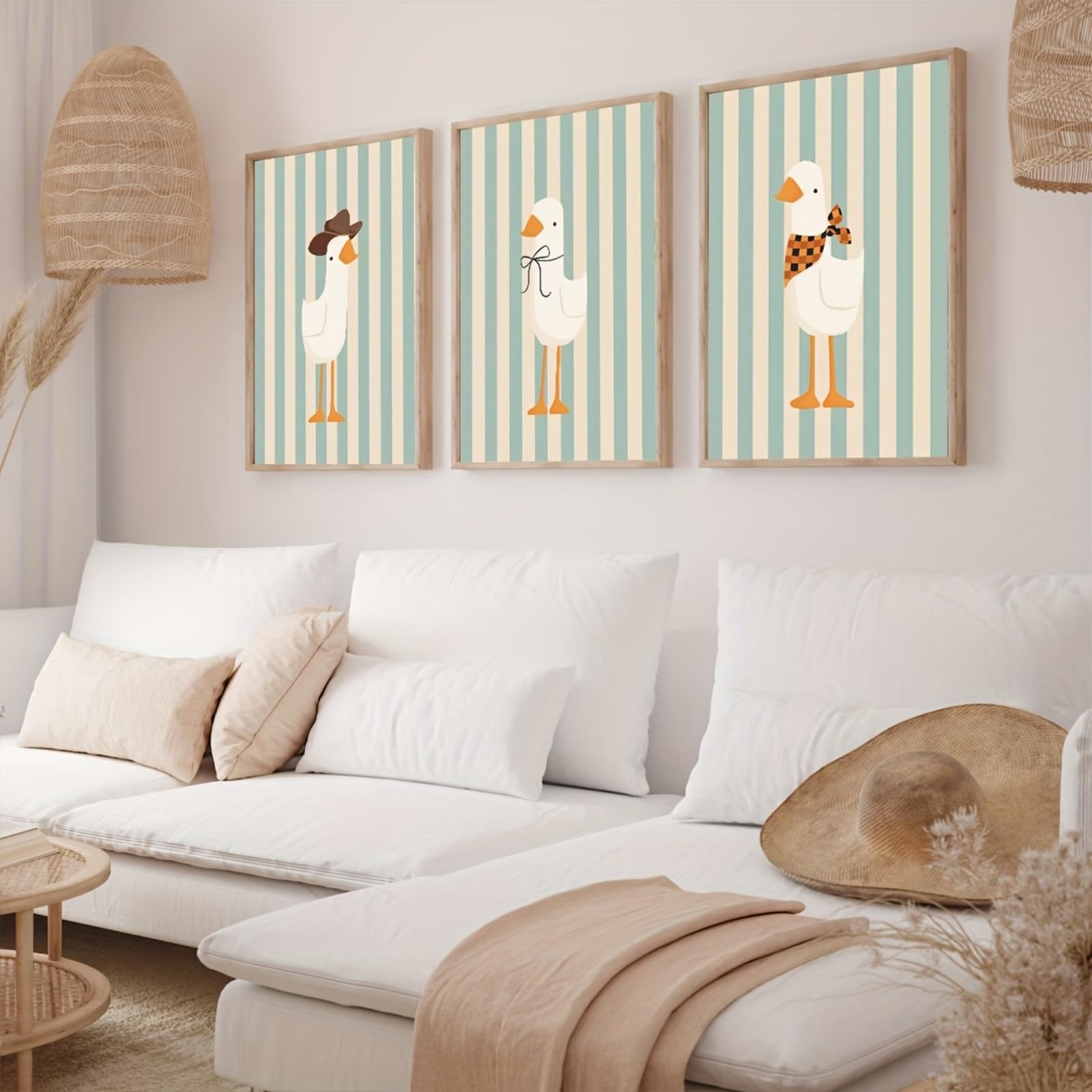 ZBELLO Set of 3 Posters, 2D Flat, Humorous Goose Wall Art Prints, Cute Duck Wall Art, Cowboy, Bow & Bandana Duck Prints, for The Bedroom, Nursery Decor, Unframed (40x50cm)