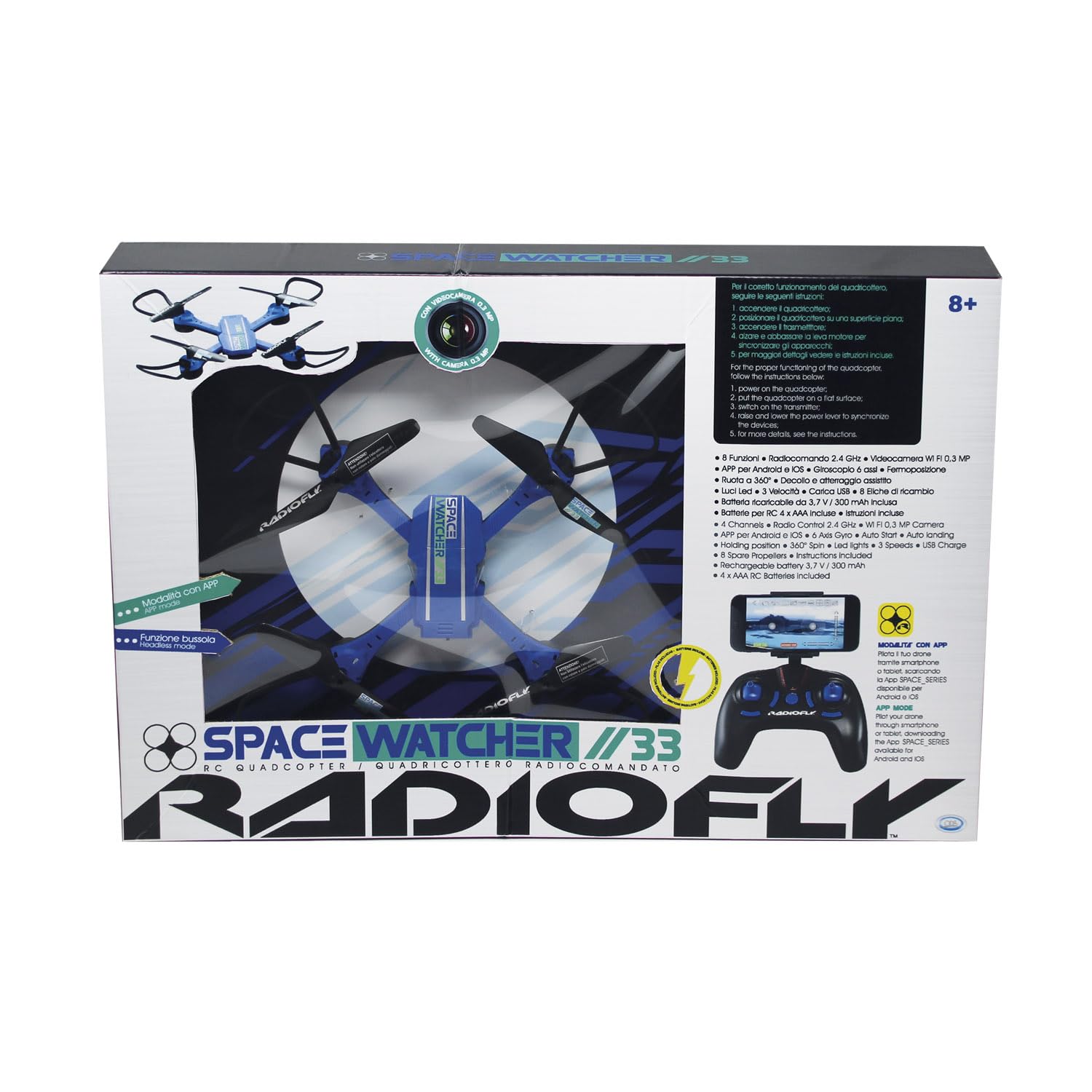 ODS - RADIOFLY, Space Watcher // 33, Drone per Bambini con Giroscopio, 8 Funzioni, 3 velocità, Rotazione 360°, con App e Supporto Smartphone, +8 Anni