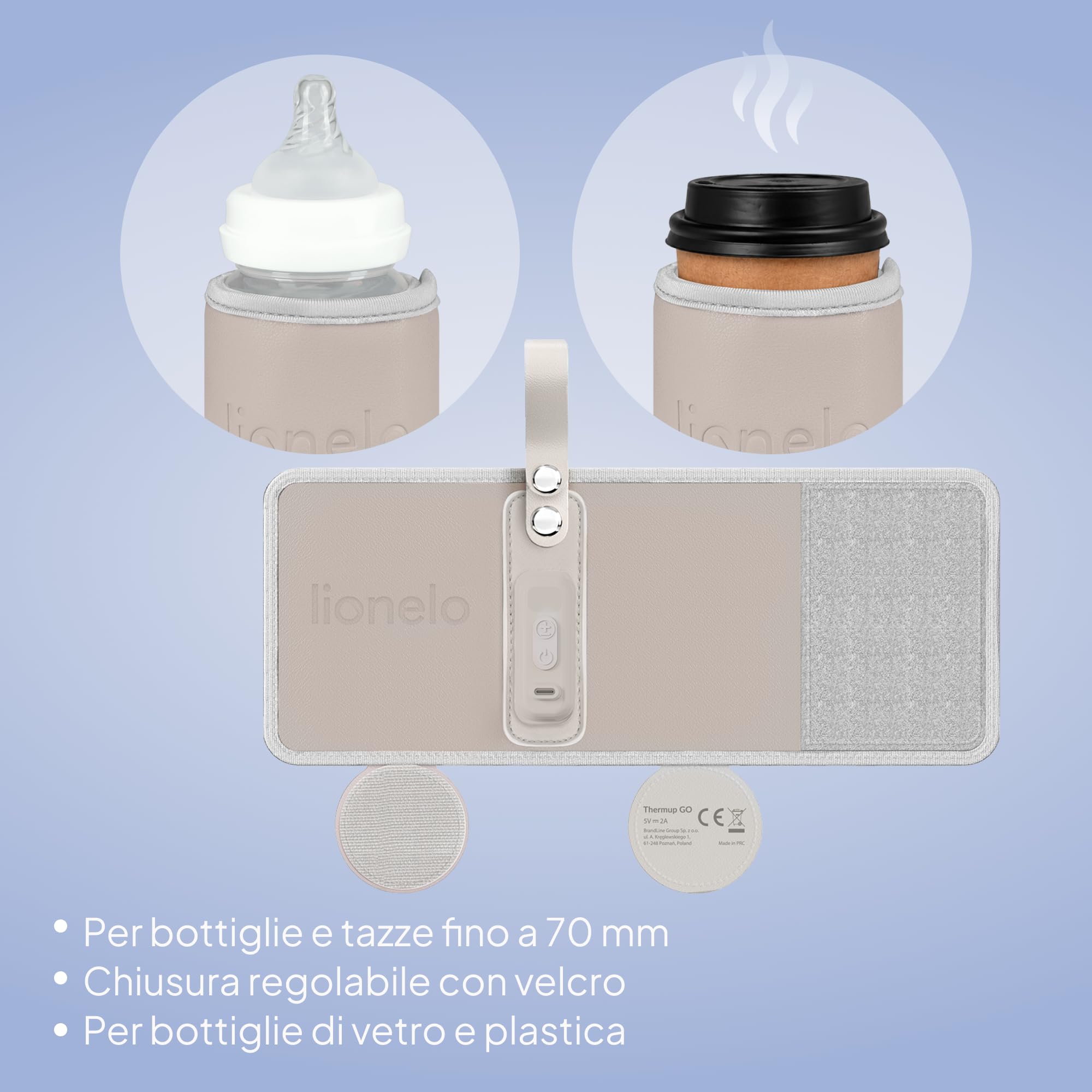 LIONELO Thermup Go Scaldabiberon portatile per mantenere la temperatura, Alimentato tramite il cavo USB Mantenere temperatura di latte e pappe neonato, Scaldabiberon auto, Senza BPA Piccolo e leggero