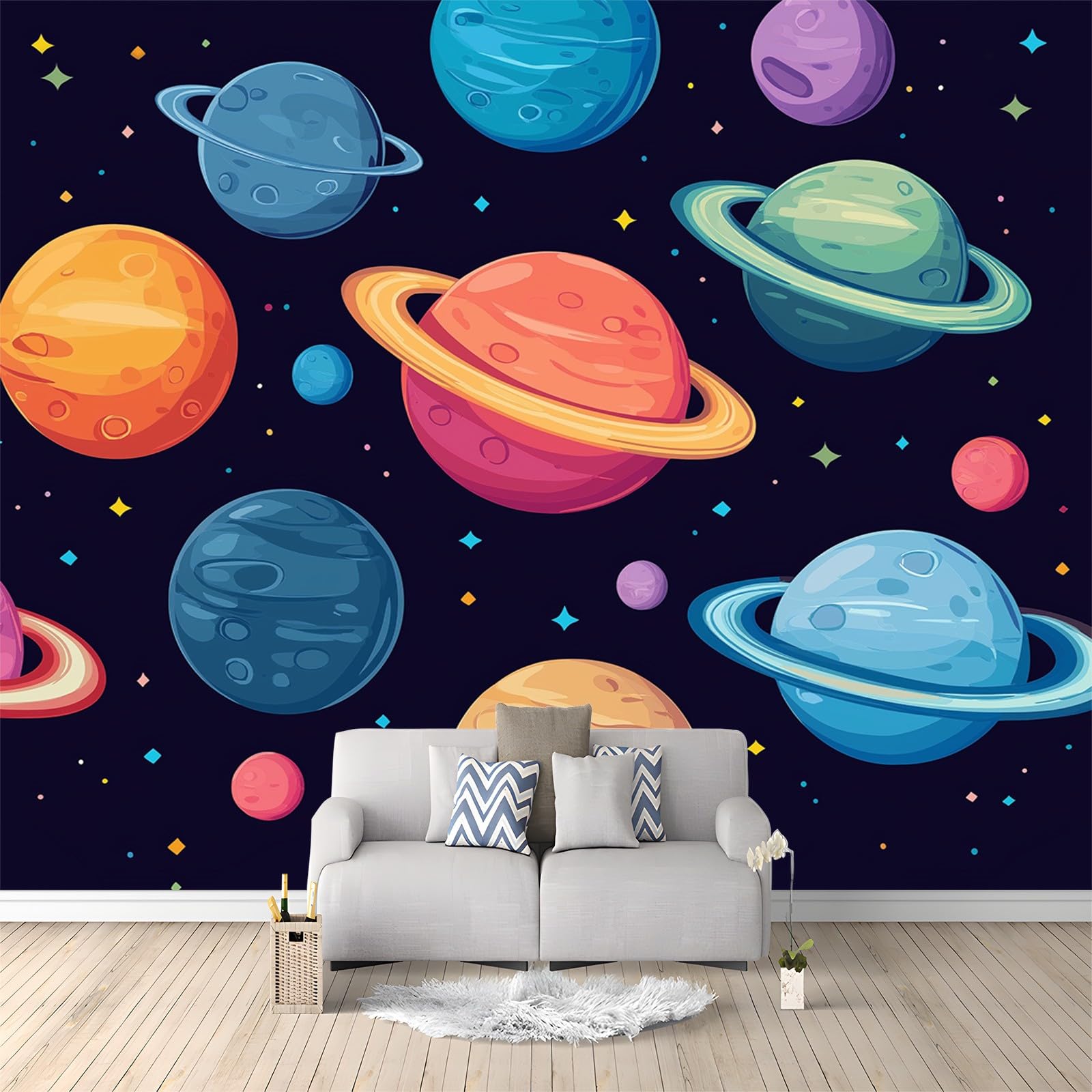 Papier Peint 3D Planète de bande dessinée Panoramique Peinture Murale Interieur 250x175 cm pour Salon Chambre à Coucher D'Enfant Maison Décoration Murale