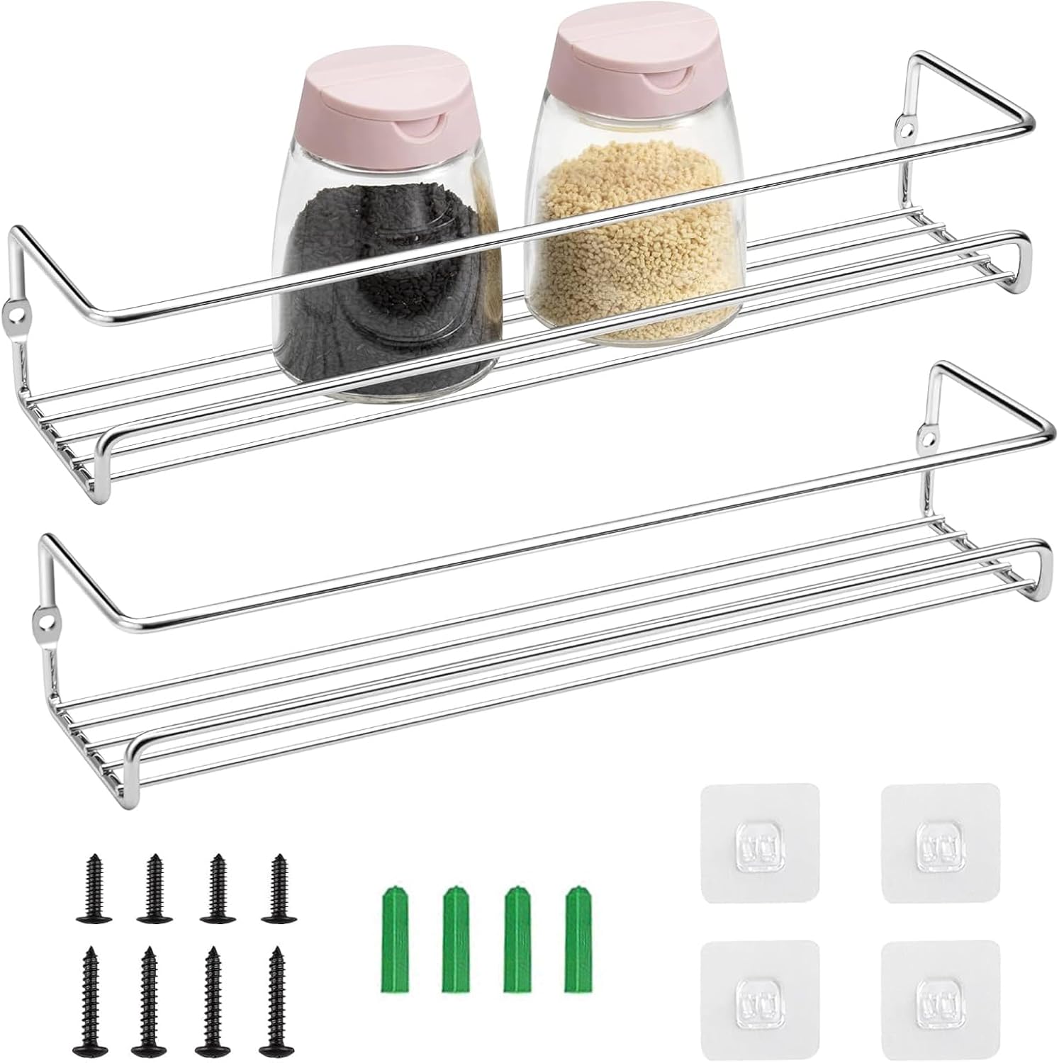 Metal Spice Racks, 29 x 6.5 x 6.5 cm Spice Rack Wall, Pack of 2 Spice Rack for Wall, Spice Rack for Kitchen, Hanging Spice Rack No Drilling, for Spices and Spices, Spice Jars, Silver