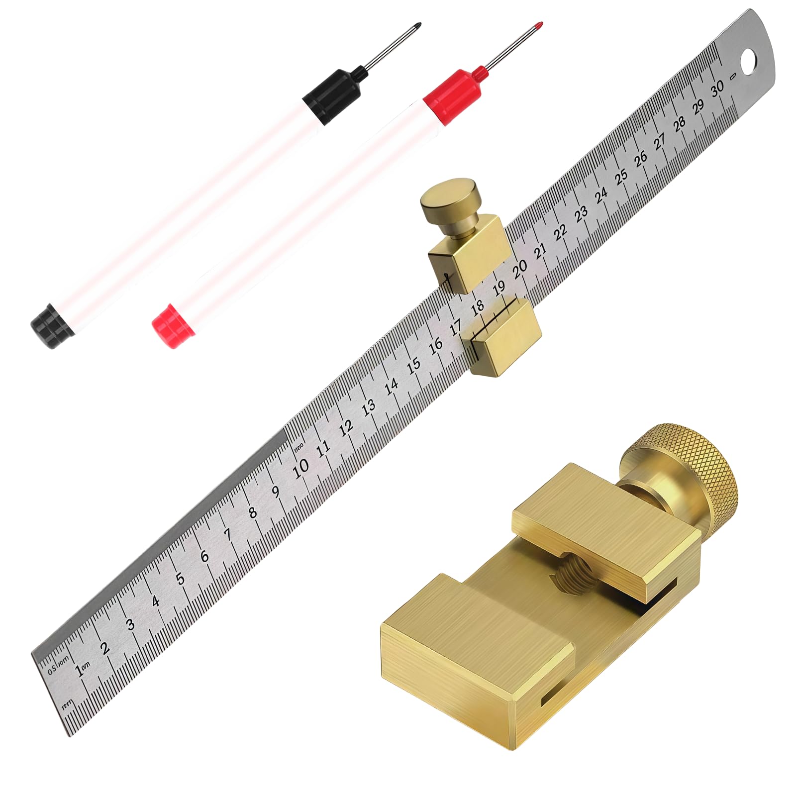 LEKEFETO 300 mm Brass Steel Ruler with Metal Stop: Marking Gauge Stainless Steel Stop Ruler, Ruler Stop Striking Mass, Combination Square Carpenter's Square, for Woodworking, DIY, Crafts