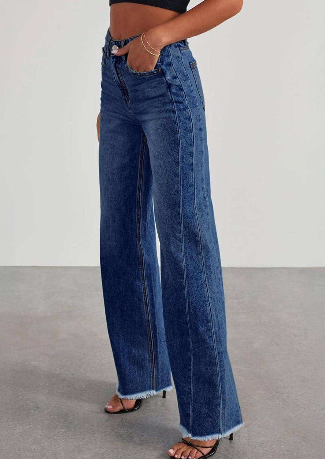 PRETTYGARDEN Wide Leg Jeans for Women Trendy High Waisted Stretchy Baggy Raw Hem Denim Palazzo Pants 2025 Fall Clothes