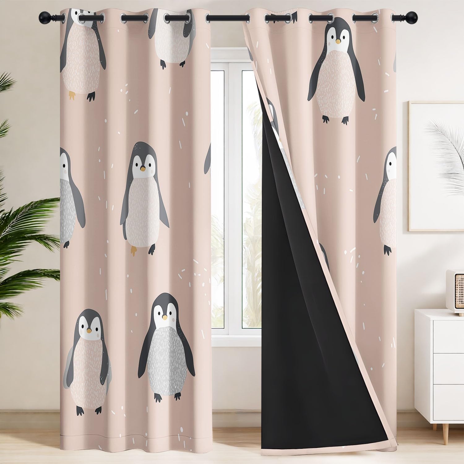 Generisch Süße Pinguine, Winterliche Polartier-Grafik Vorhänge Blickdicht 215 x 140 cm | Gardinen 2er Set - Ästhetisch Sanfter Cartoon, Soft-Nordisch - Verdunkelungsvorhänge für